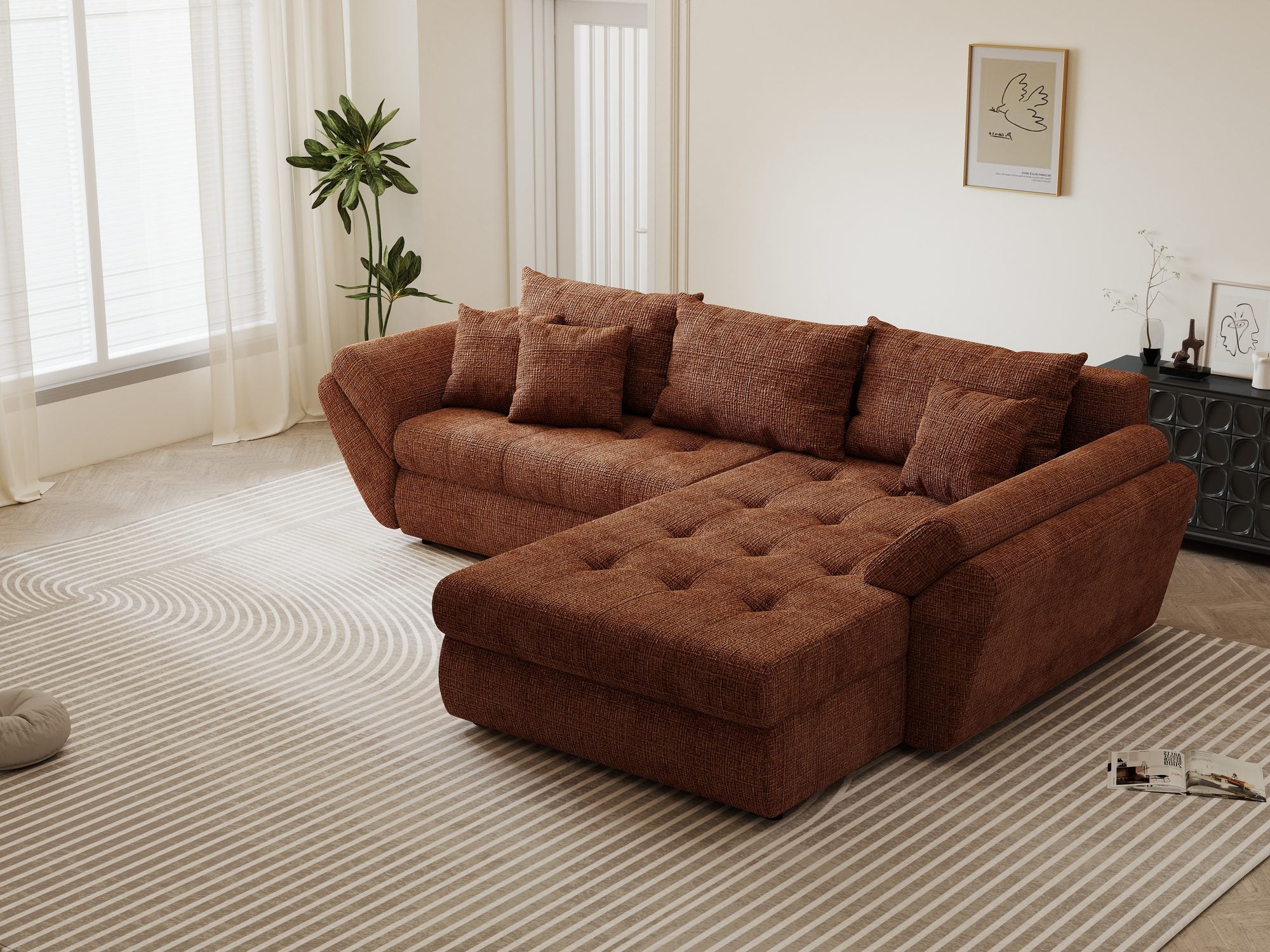 Colțar extensibil dumonde cu ladă de depozitare si sezut confortabil din spuma high-density, Loana Cremona Teracota II 270x185 cm