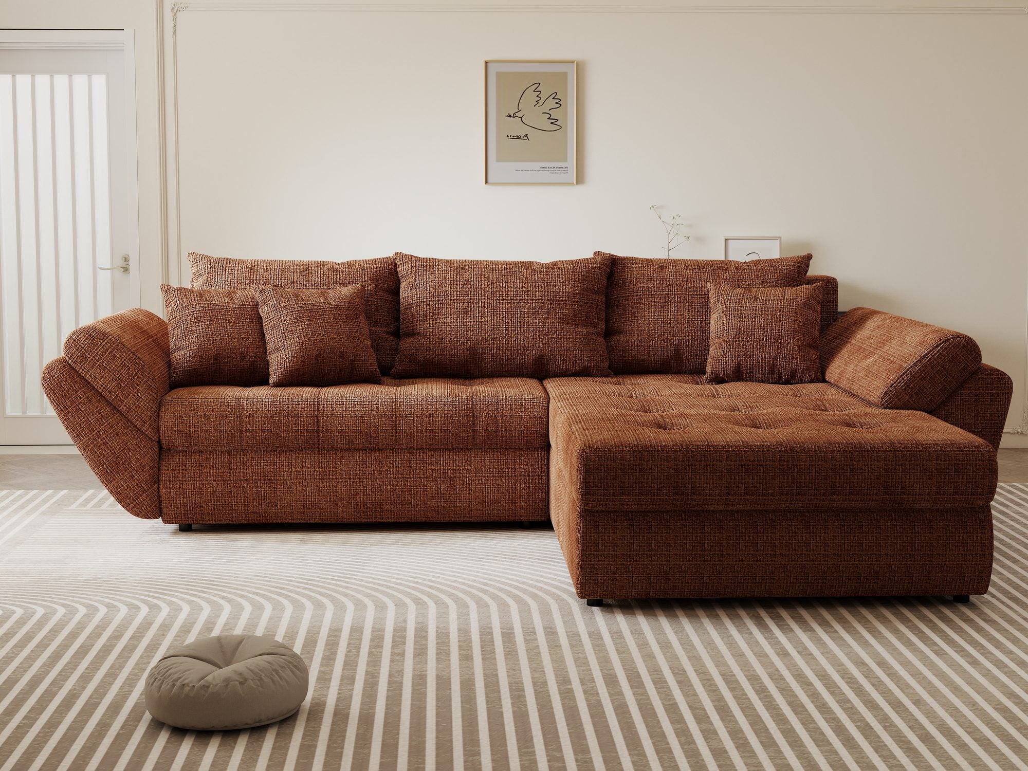 Colțar extensibil dumonde cu ladă de depozitare si sezut confortabil din spuma high-density, Loana Cremona Teracota II 270x185 cm