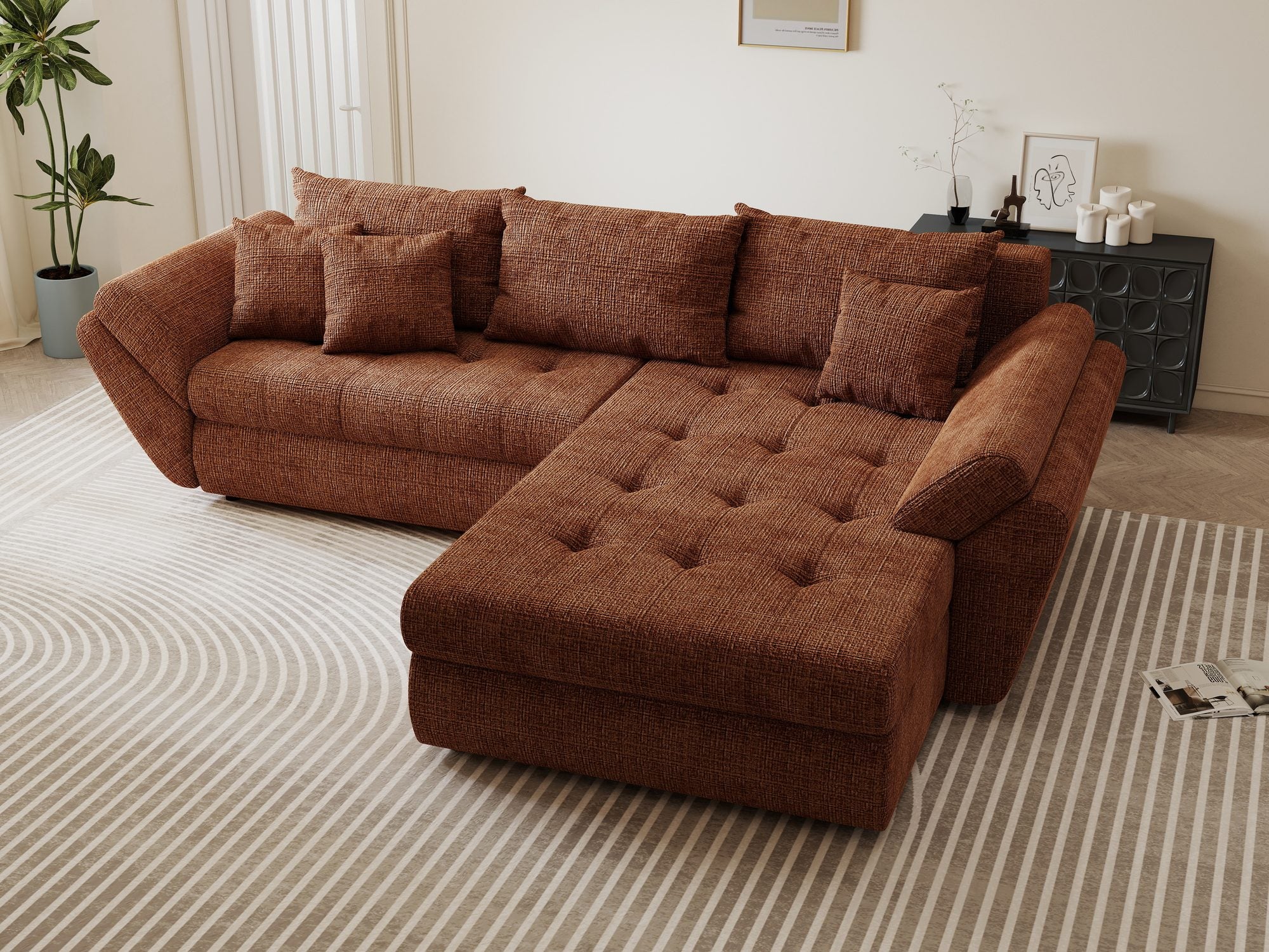 Colțar extensibil dumonde cu ladă de depozitare si sezut confortabil din spuma high-density, Loana Cremona Teracota II 270x185 cm