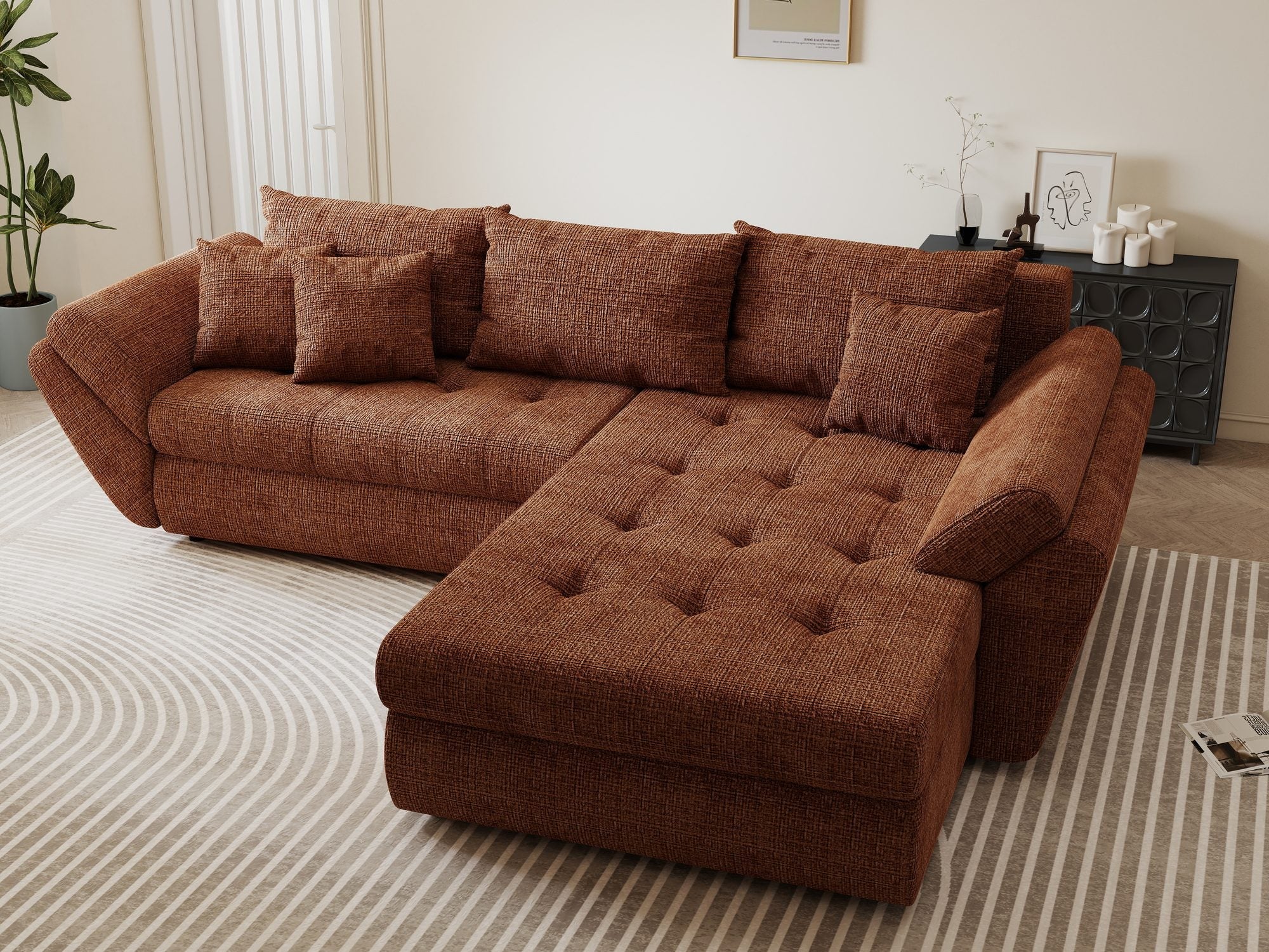 Colțar extensibil dumonde cu ladă de depozitare si sezut confortabil din spuma high-density, Loana Cremona Teracota II 270x185 cm