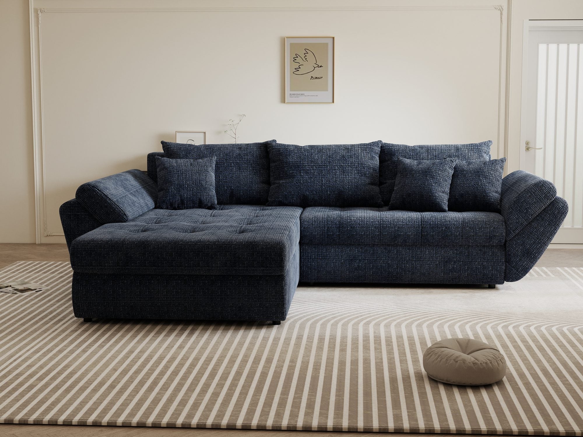 Colțar extensibil dumonde cu ladă de depozitare si sezut confortabil din spuma high-density, Loana Cremona Albastru 270x185 cm
