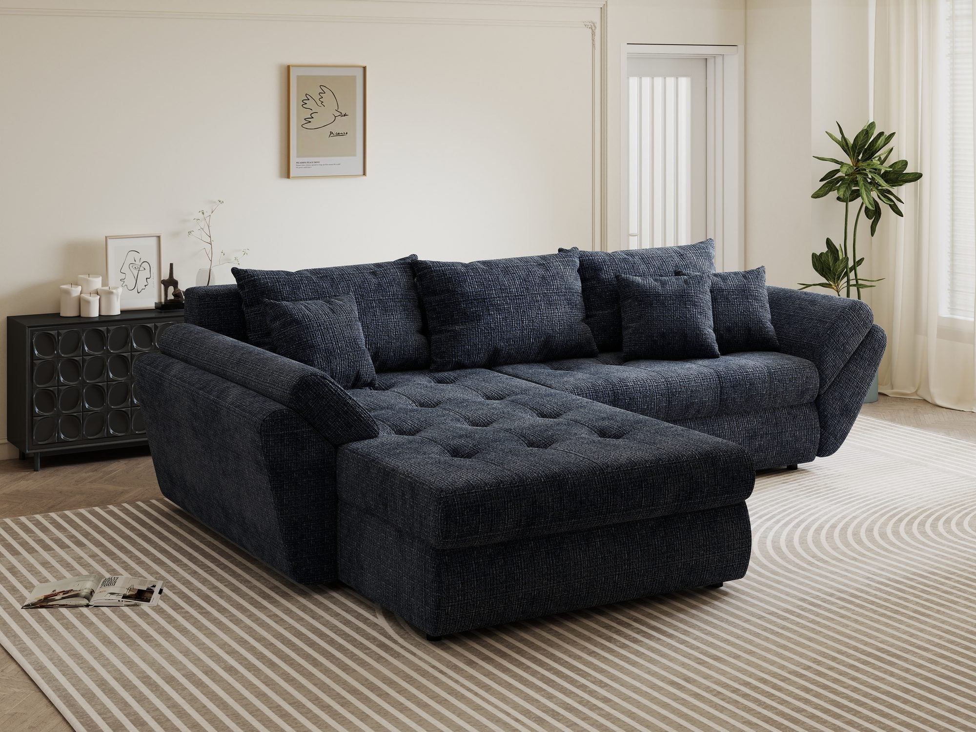 Colțar extensibil dumonde cu ladă de depozitare si sezut confortabil din spuma high-density, Loana Cremona Albastru 270x185 cm