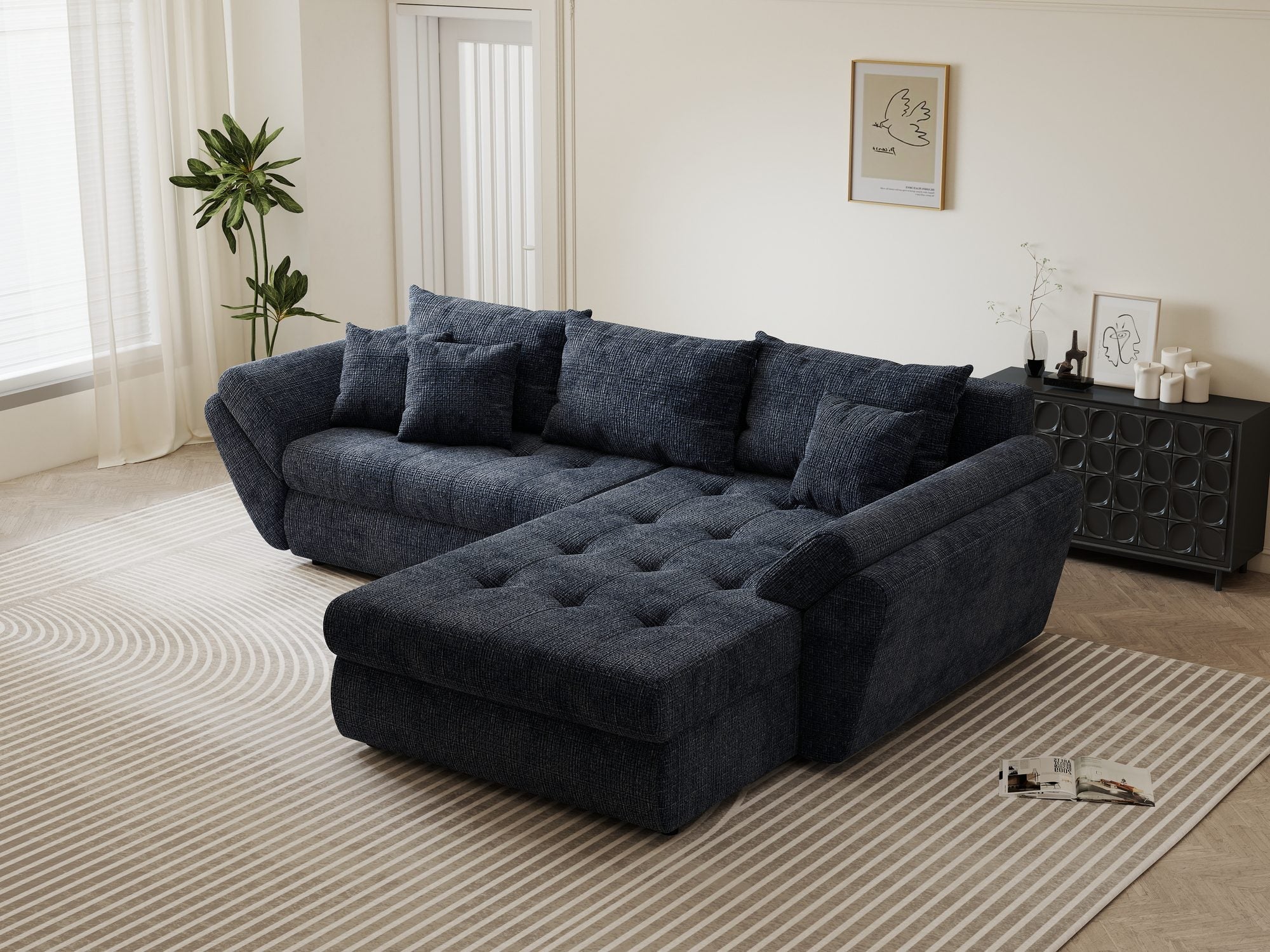 Colțar extensibil dumonde cu ladă de depozitare si sezut confortabil din spuma high-density, Loana Cremona Albastru II 270x185 cm