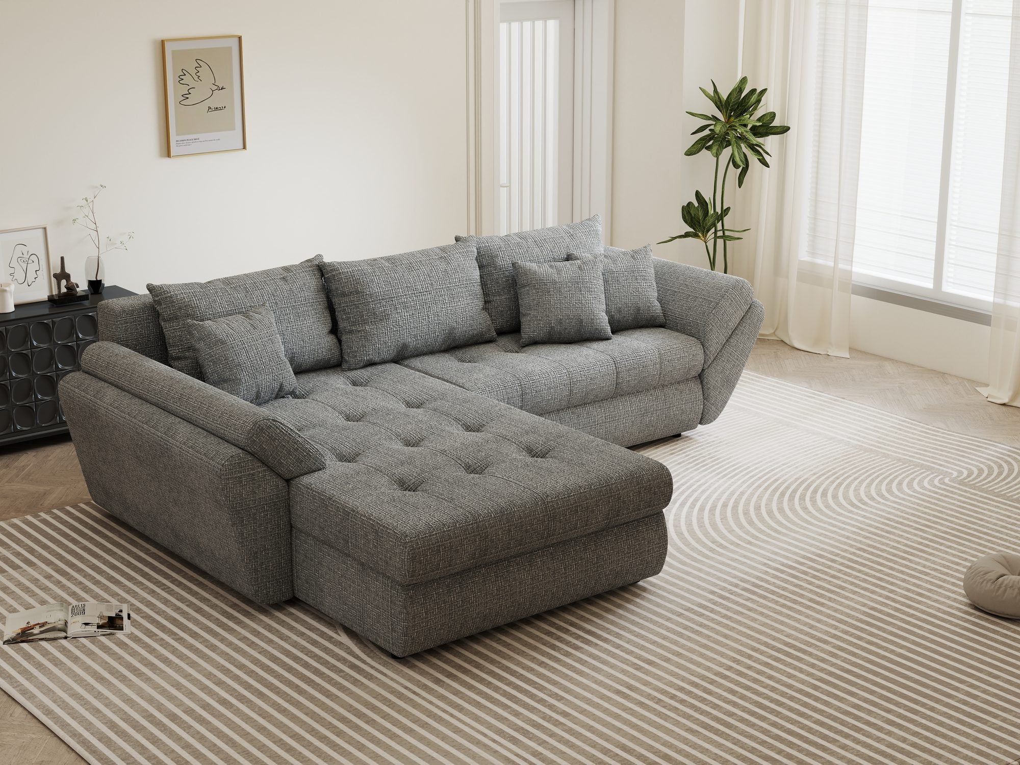 Colțar extensibil dumonde cu ladă de depozitare si sezut confortabil din spuma high-density, Loana Cremona Gri 270x185 cm
