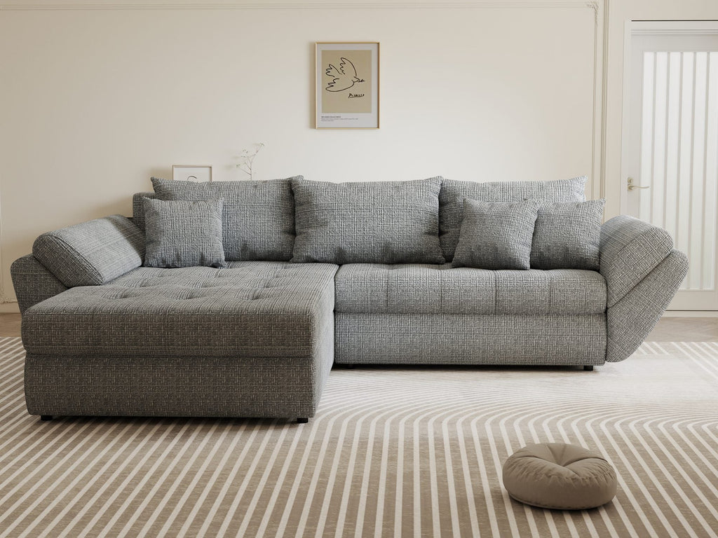 Colțar extensibil dumonde cu ladă de depozitare si sezut confortabil din spuma high-density, Loana Cremona Gri 270x185 cm