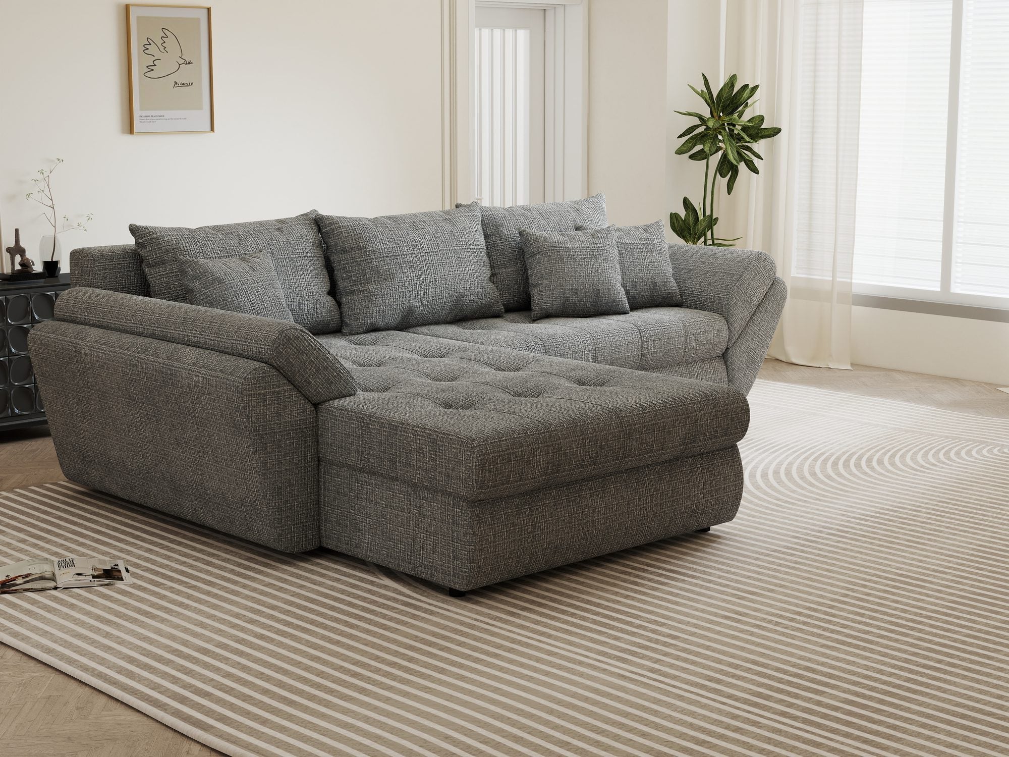 Colțar extensibil dumonde cu ladă de depozitare si sezut confortabil din spuma high-density, Loana Cremona Gri 270x185 cm