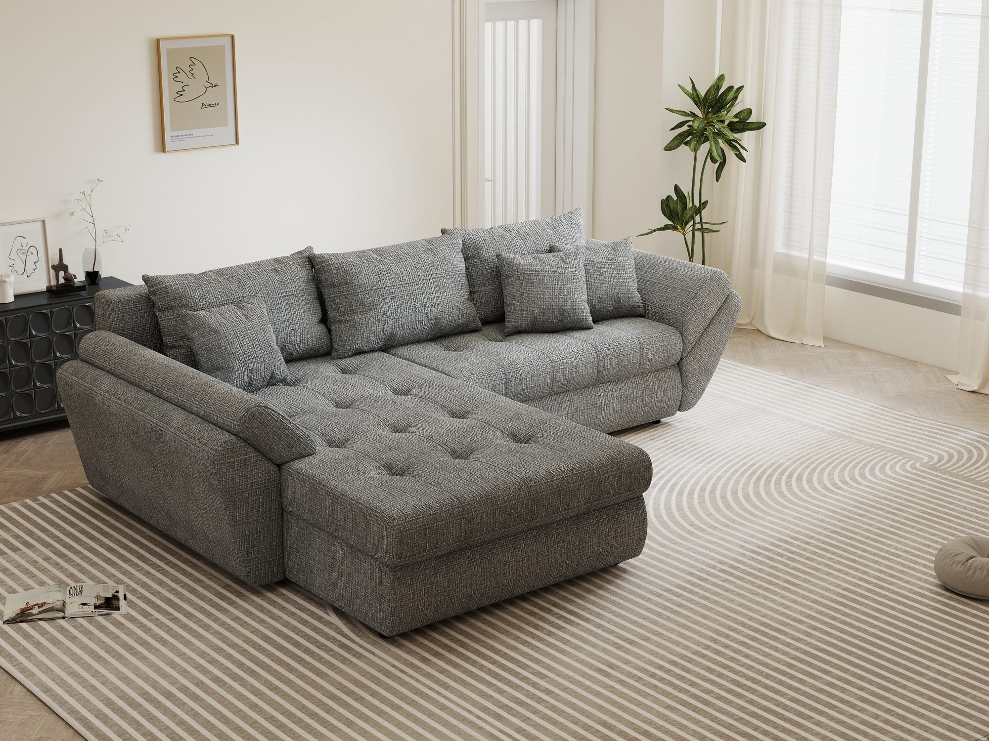 Colțar extensibil dumonde cu ladă de depozitare si sezut confortabil din spuma high-density, Loana Cremona Gri 270x185 cm