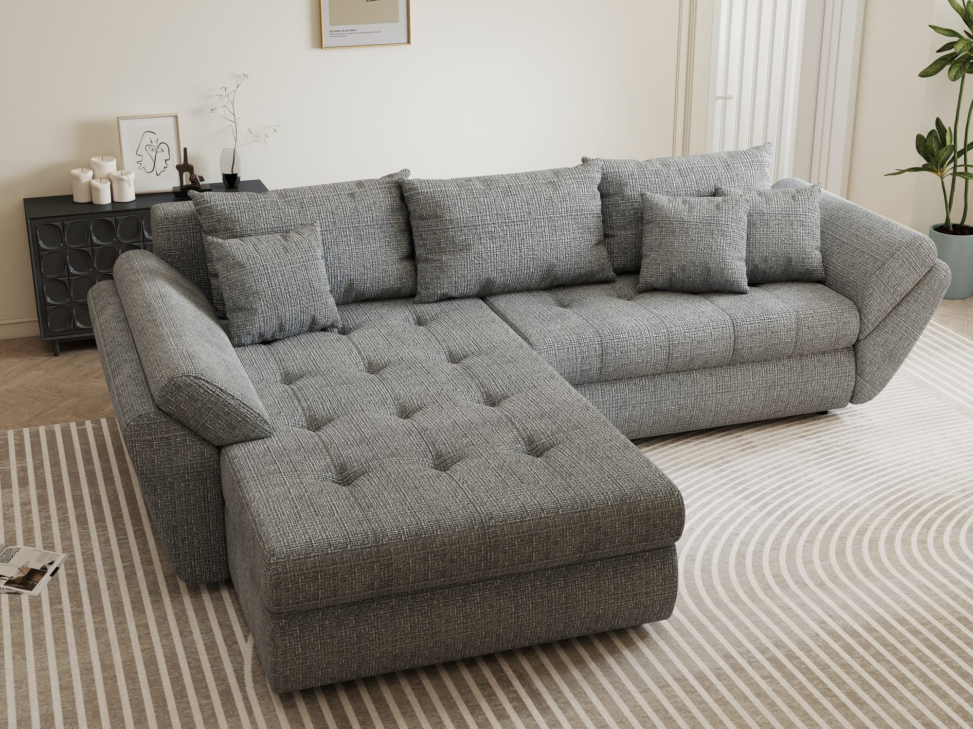 Colțar extensibil dumonde cu ladă de depozitare si sezut confortabil din spuma high-density, Loana Cremona Gri 270x185 cm