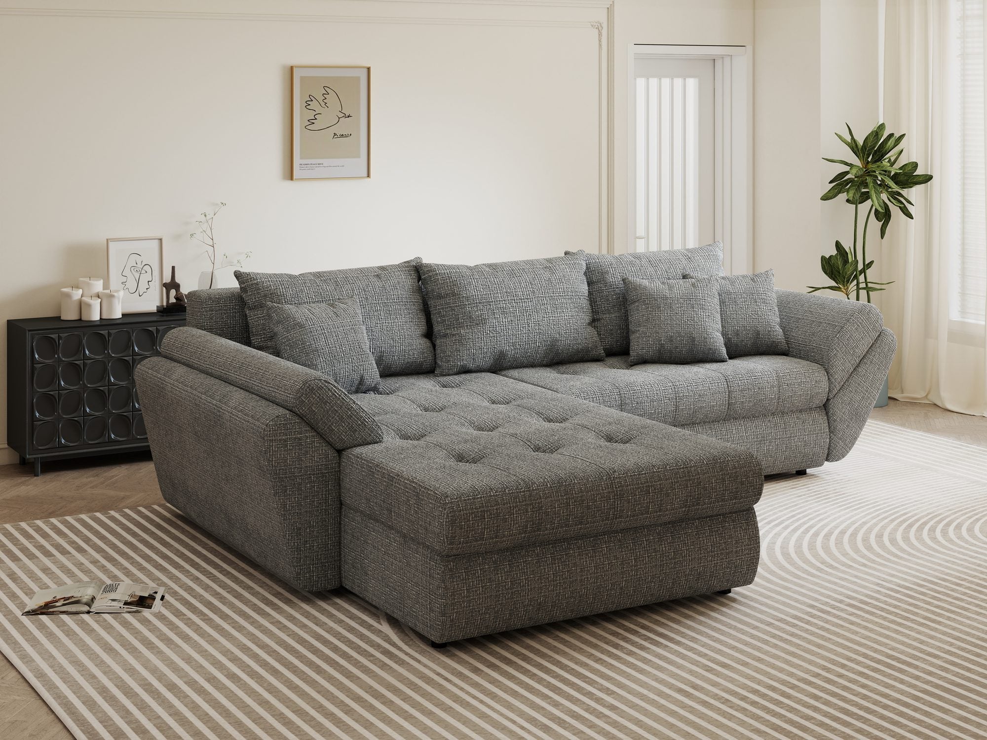 Colțar extensibil dumonde cu ladă de depozitare si sezut confortabil din spuma high-density, Loana Cremona Gri 270x185 cm