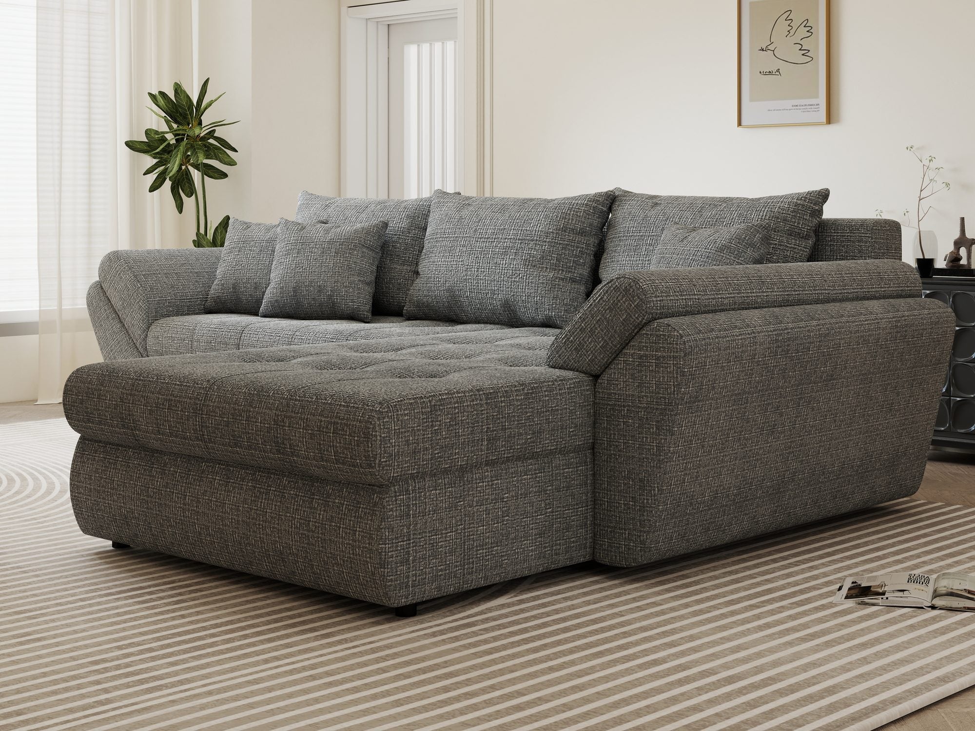 Colțar extensibil dumonde cu ladă de depozitare si sezut confortabil din spuma high-density, Loana Cremona Gri II 270x185 cm