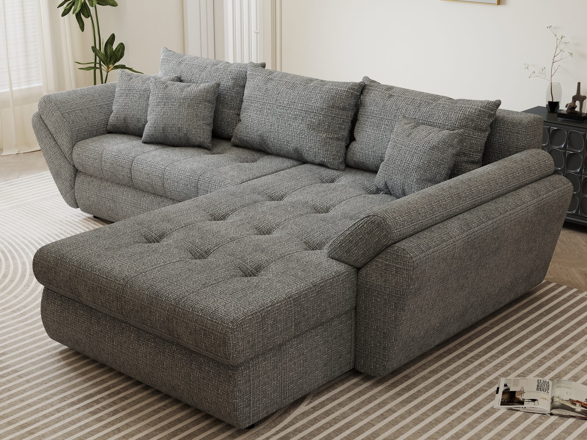 Colțar extensibil dumonde cu ladă de depozitare si sezut confortabil din spuma high-density, Loana Cremona Gri II 270x185 cm