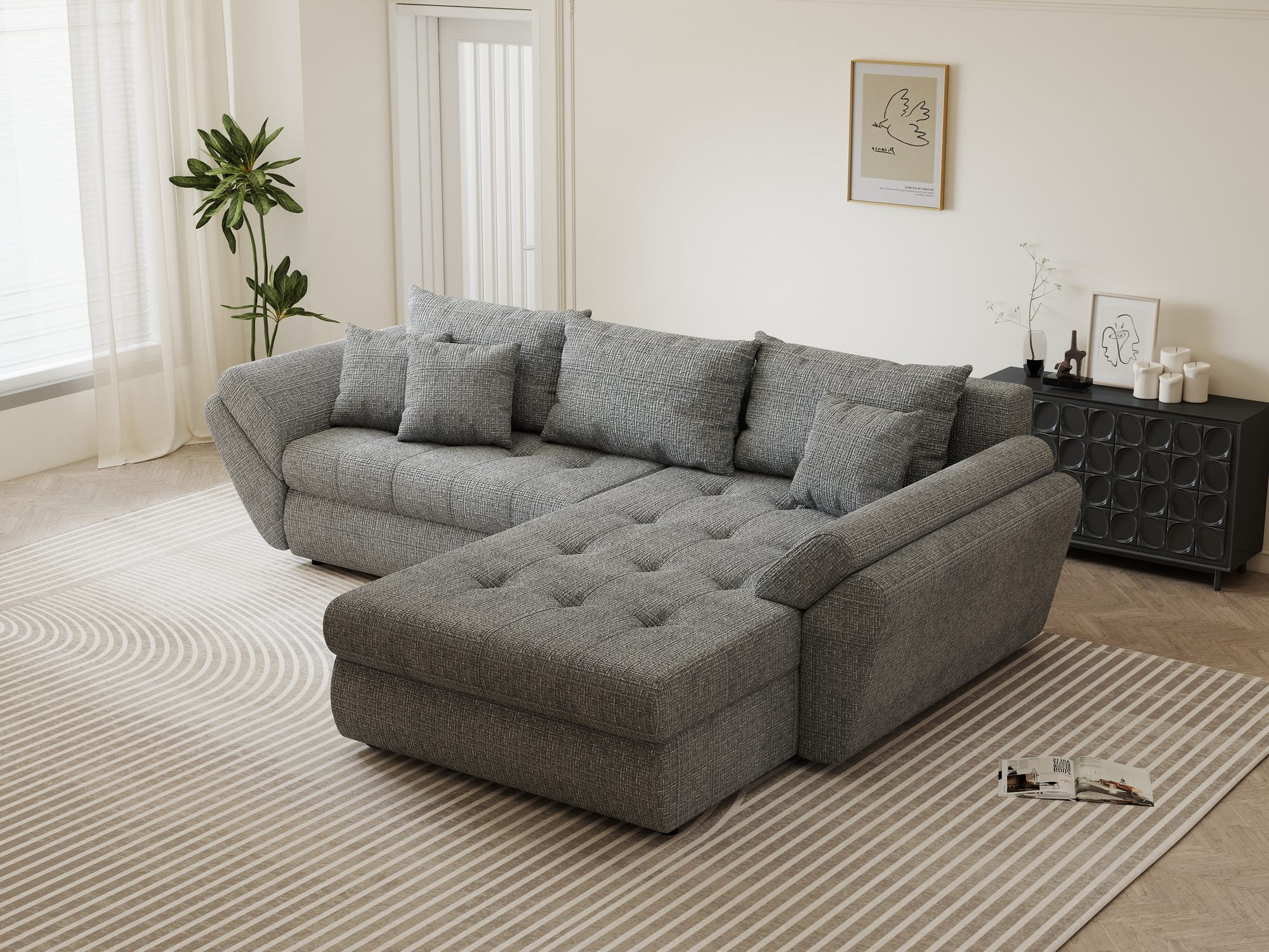 Colțar extensibil dumonde cu ladă de depozitare si sezut confortabil din spuma high-density, Loana Cremona Gri II 270x185 cm
