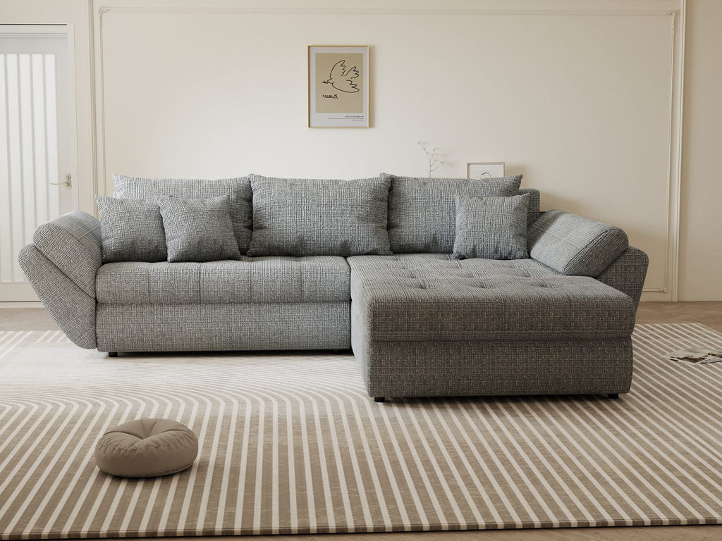 Colțar extensibil dumonde cu ladă de depozitare si sezut confortabil din spuma high-density, Loana Cremona Gri II 270x185 cm