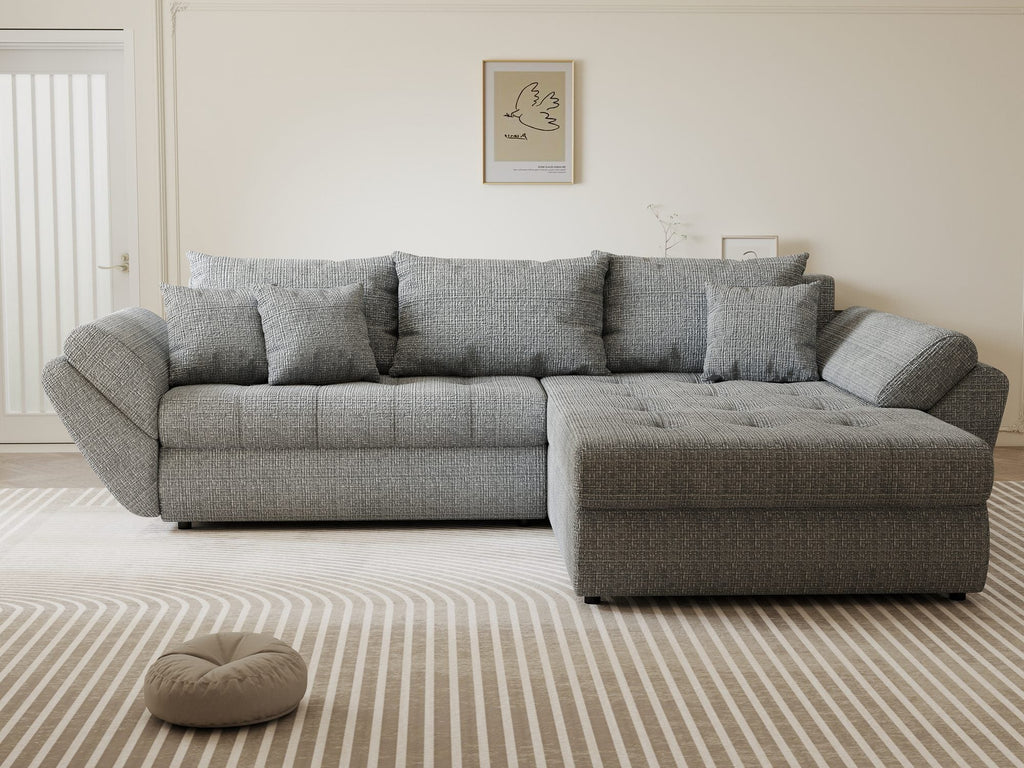 Colțar extensibil dumonde cu ladă de depozitare si sezut confortabil din spuma high-density, Loana Cremona Gri II 270x185 cm