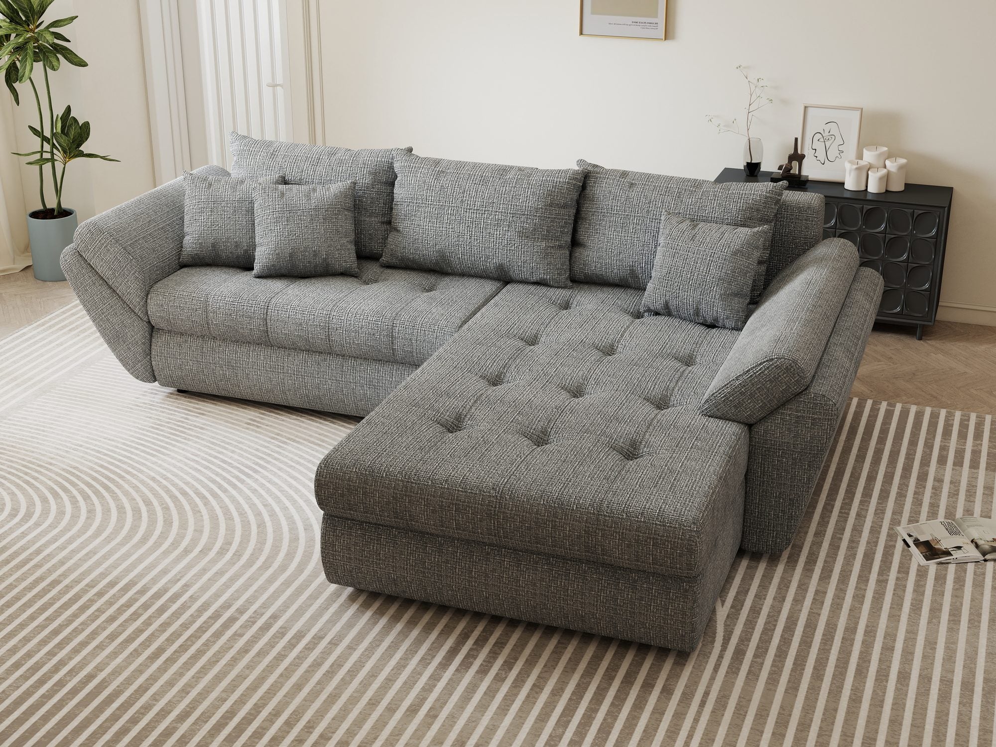 Colțar extensibil dumonde cu ladă de depozitare si sezut confortabil din spuma high-density, Loana Cremona Gri II 270x185 cm
