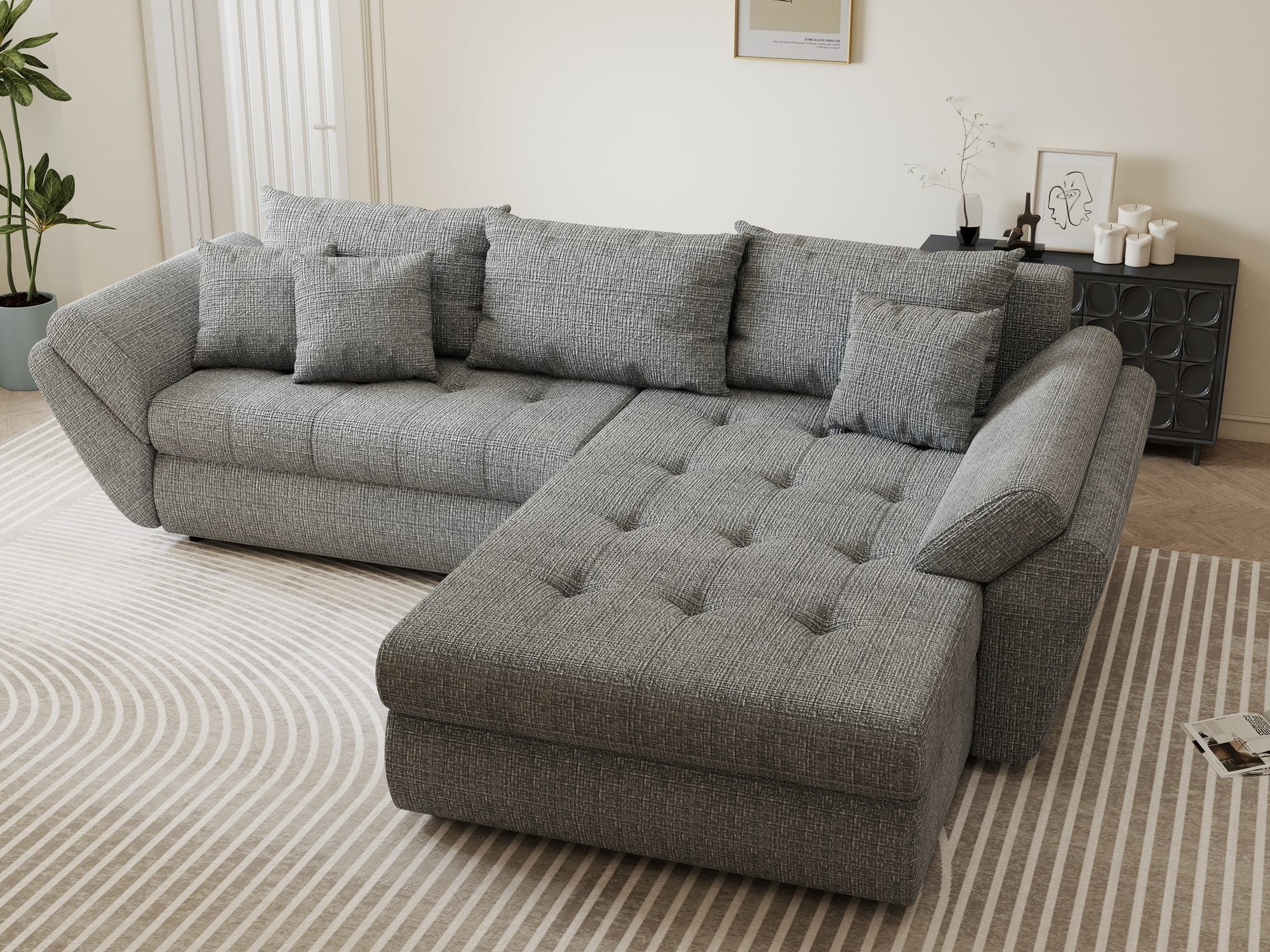 Colțar extensibil dumonde cu ladă de depozitare si sezut confortabil din spuma high-density, Loana Cremona Gri II 270x185 cm