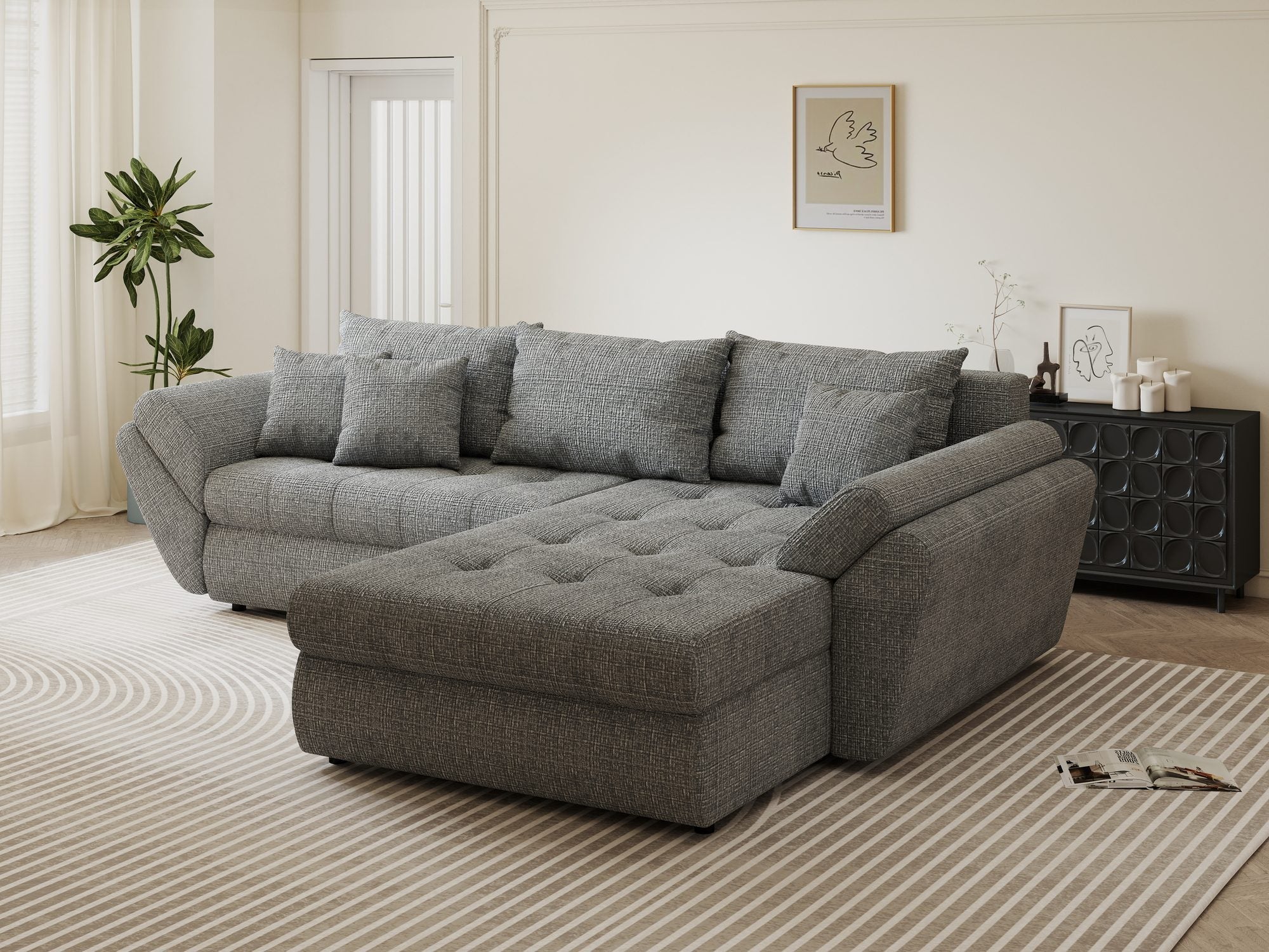 Colțar extensibil dumonde cu ladă de depozitare si sezut confortabil din spuma high-density, Loana Cremona Gri II 270x185 cm