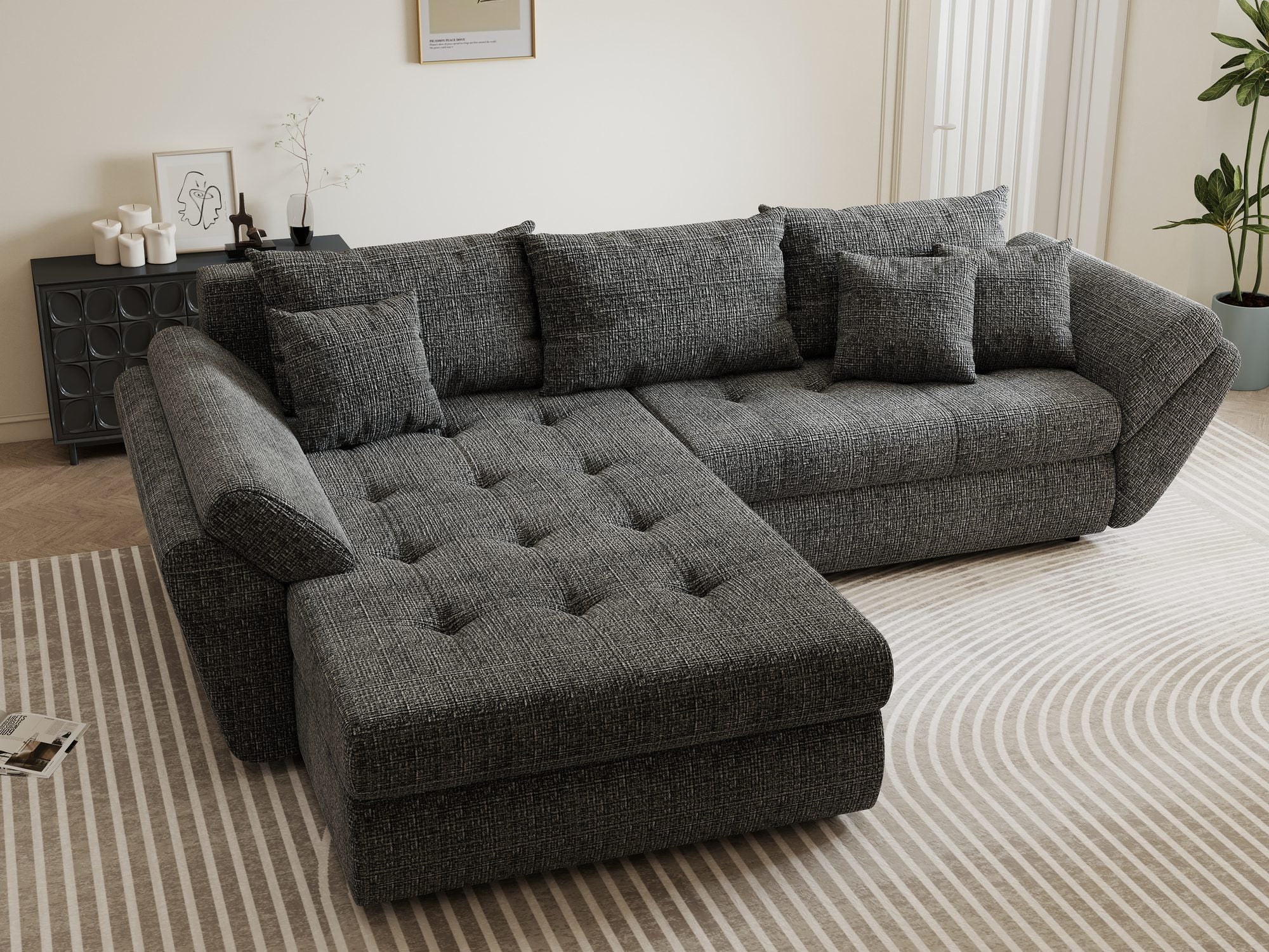 Colțar extensibil dumonde cu ladă de depozitare si sezut confortabil din spuma high-density, Loana Cremona Gri 270x185 cm