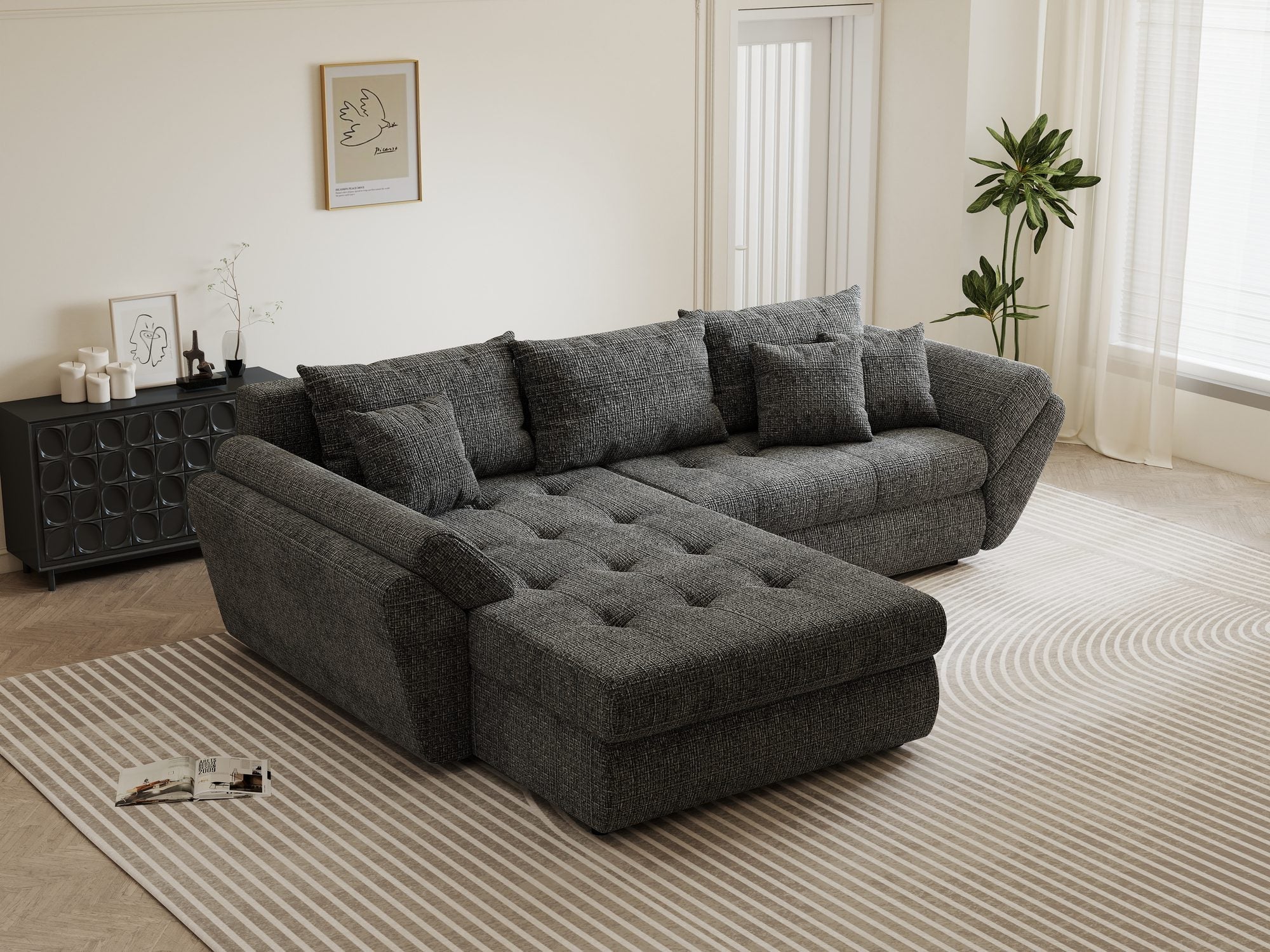 Colțar extensibil dumonde cu ladă de depozitare si sezut confortabil din spuma high-density, Loana Cremona Gri 270x185 cm