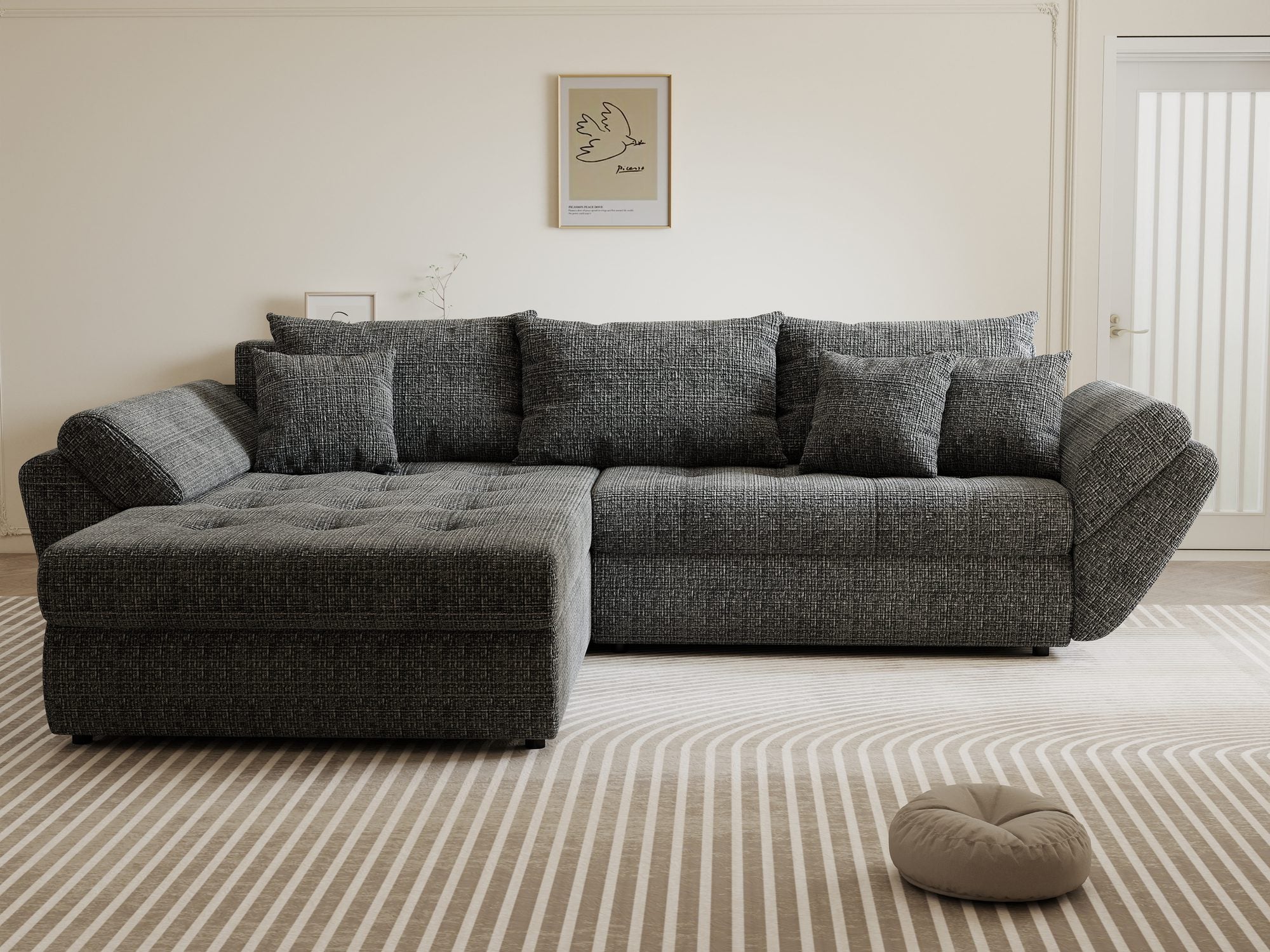 Colțar extensibil dumonde cu ladă de depozitare si sezut confortabil din spuma high-density, Loana Cremona Gri 270x185 cm