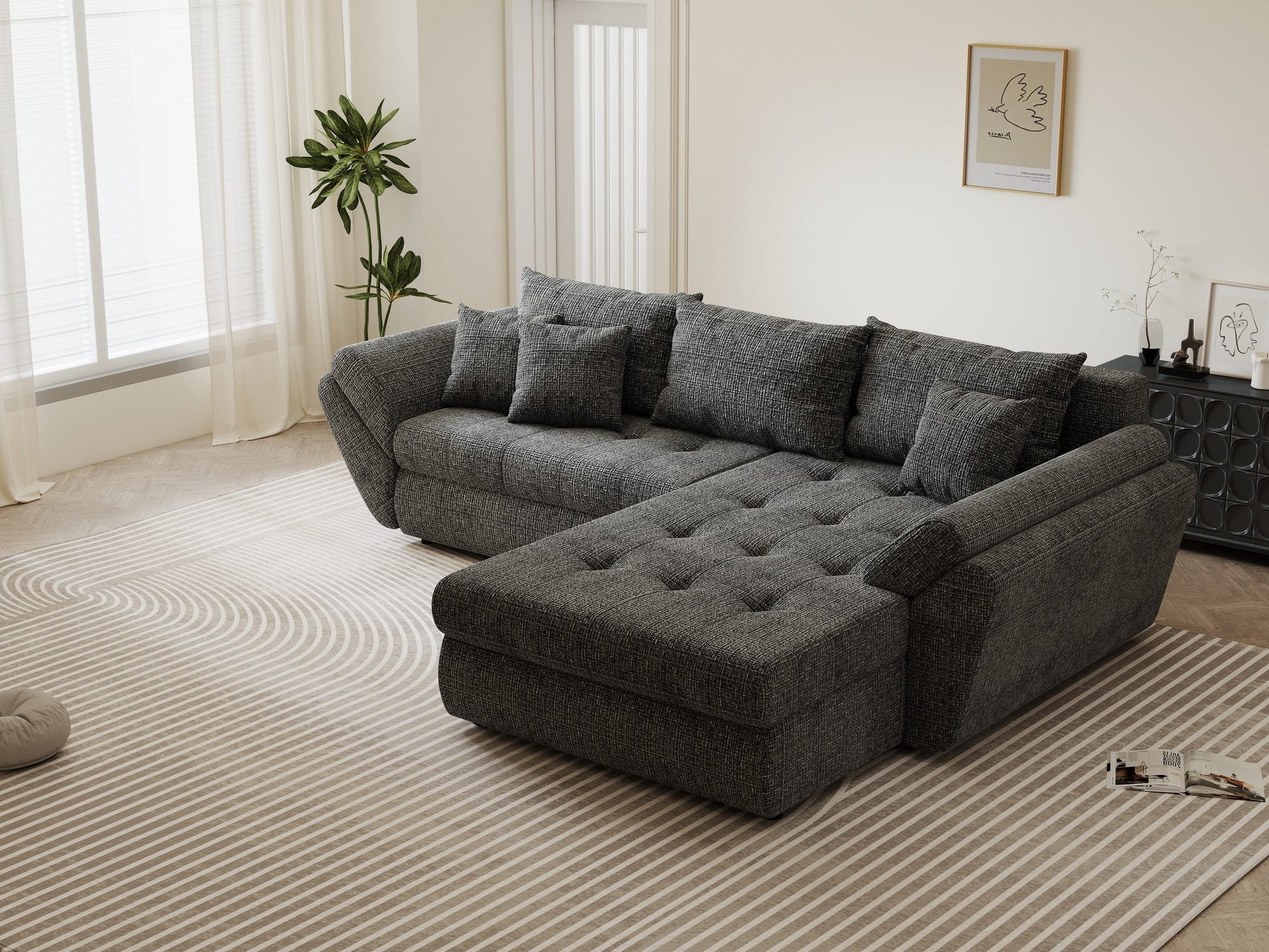 Colțar extensibil dumonde cu ladă de depozitare si sezut confortabil din spuma high-density, Loana Cremona Gri II 270x185 cm