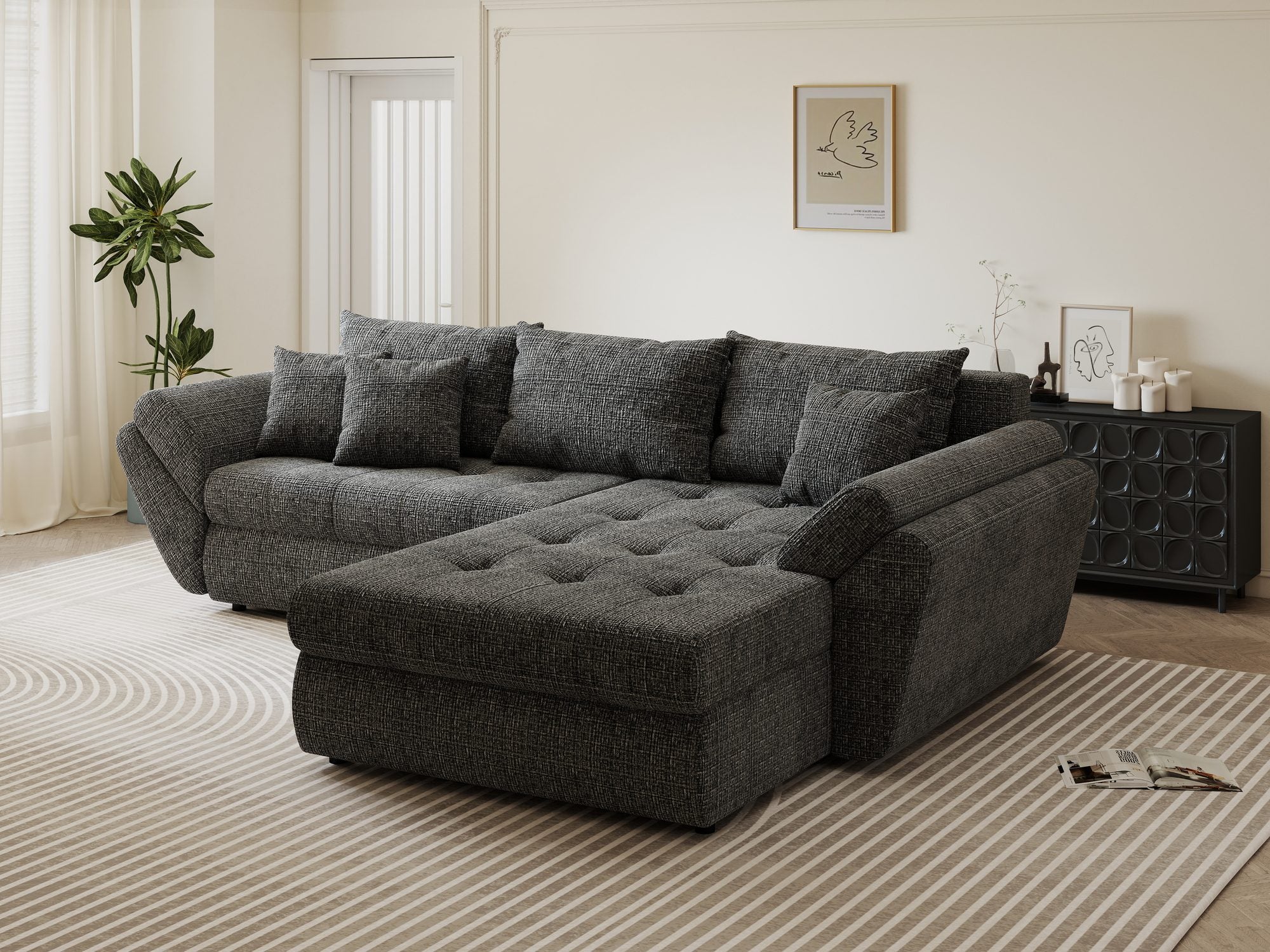 Colțar extensibil dumonde cu ladă de depozitare si sezut confortabil din spuma high-density, Loana Cremona Gri II 270x185 cm