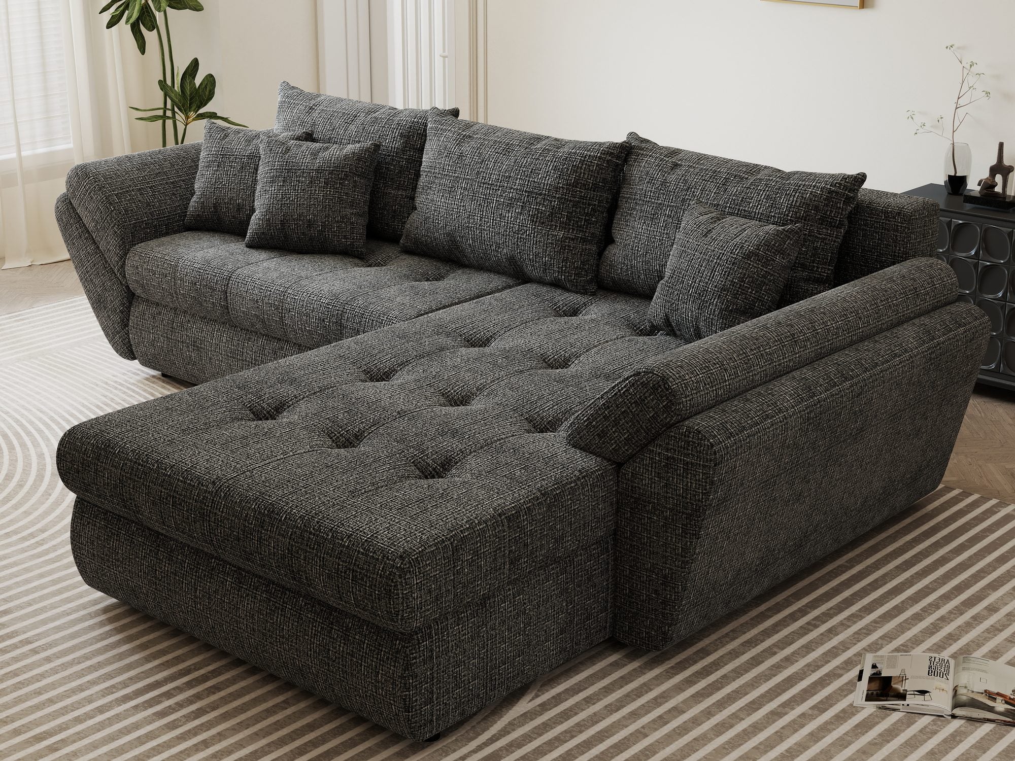 Colțar extensibil dumonde cu ladă de depozitare si sezut confortabil din spuma high-density, Loana Cremona Gri II 270x185 cm