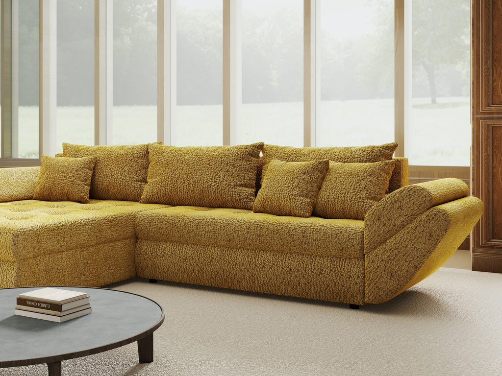 Colțar extensibil dumonde cu ladă de depozitare si sezut confortabil din spuma high-density, Loana Jaguar Galben mustar 270x185 cm