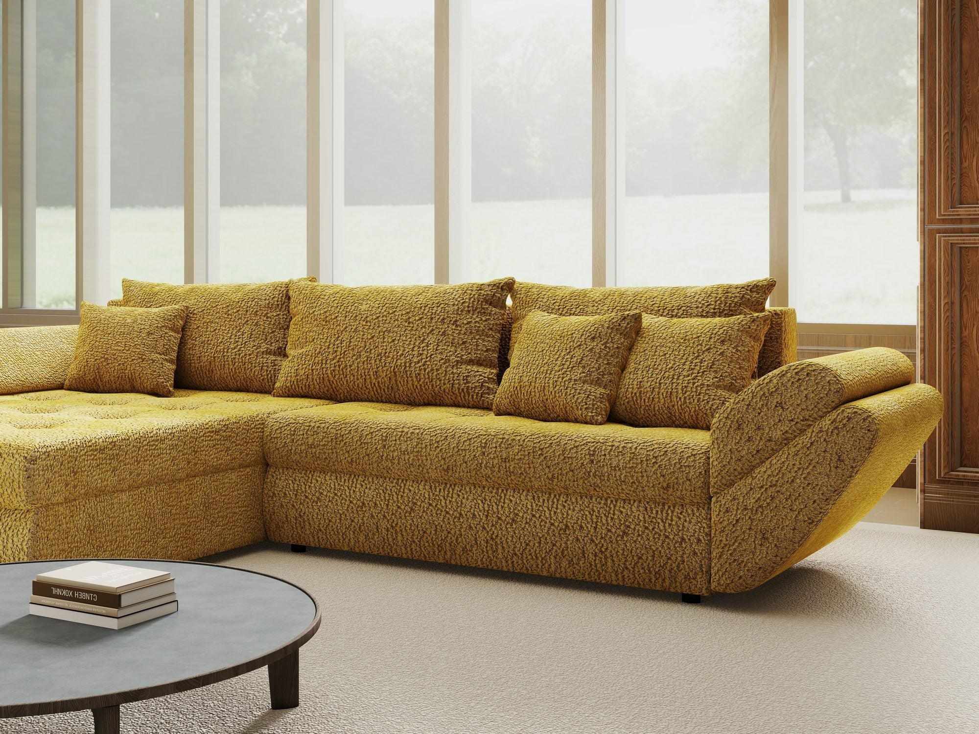 Colțar extensibil dumonde cu ladă de depozitare si sezut confortabil din spuma high-density, Loana Jaguar Galben mustar 270x185 cm