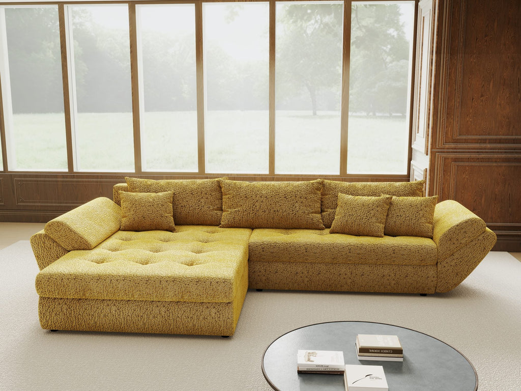 Colțar extensibil dumonde cu ladă de depozitare si sezut confortabil din spuma high-density, Loana Jaguar Galben mustar 270x185 cm
