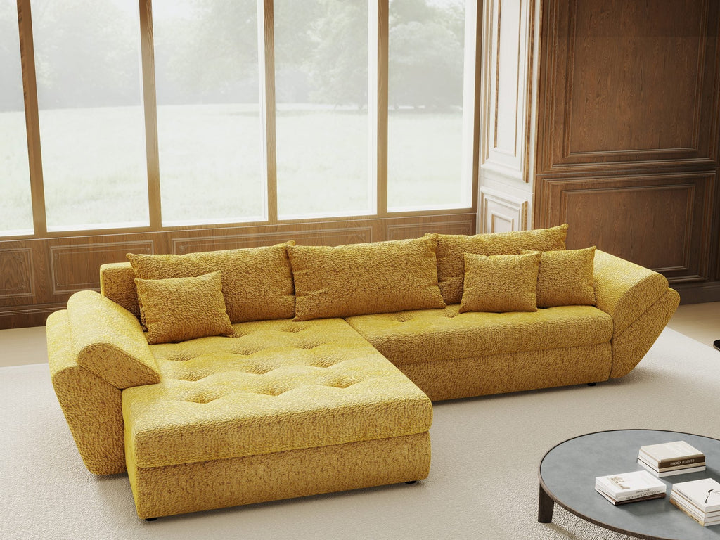 Colțar extensibil dumonde cu ladă de depozitare si sezut confortabil din spuma high-density, Loana Jaguar Galben mustar 270x185 cm