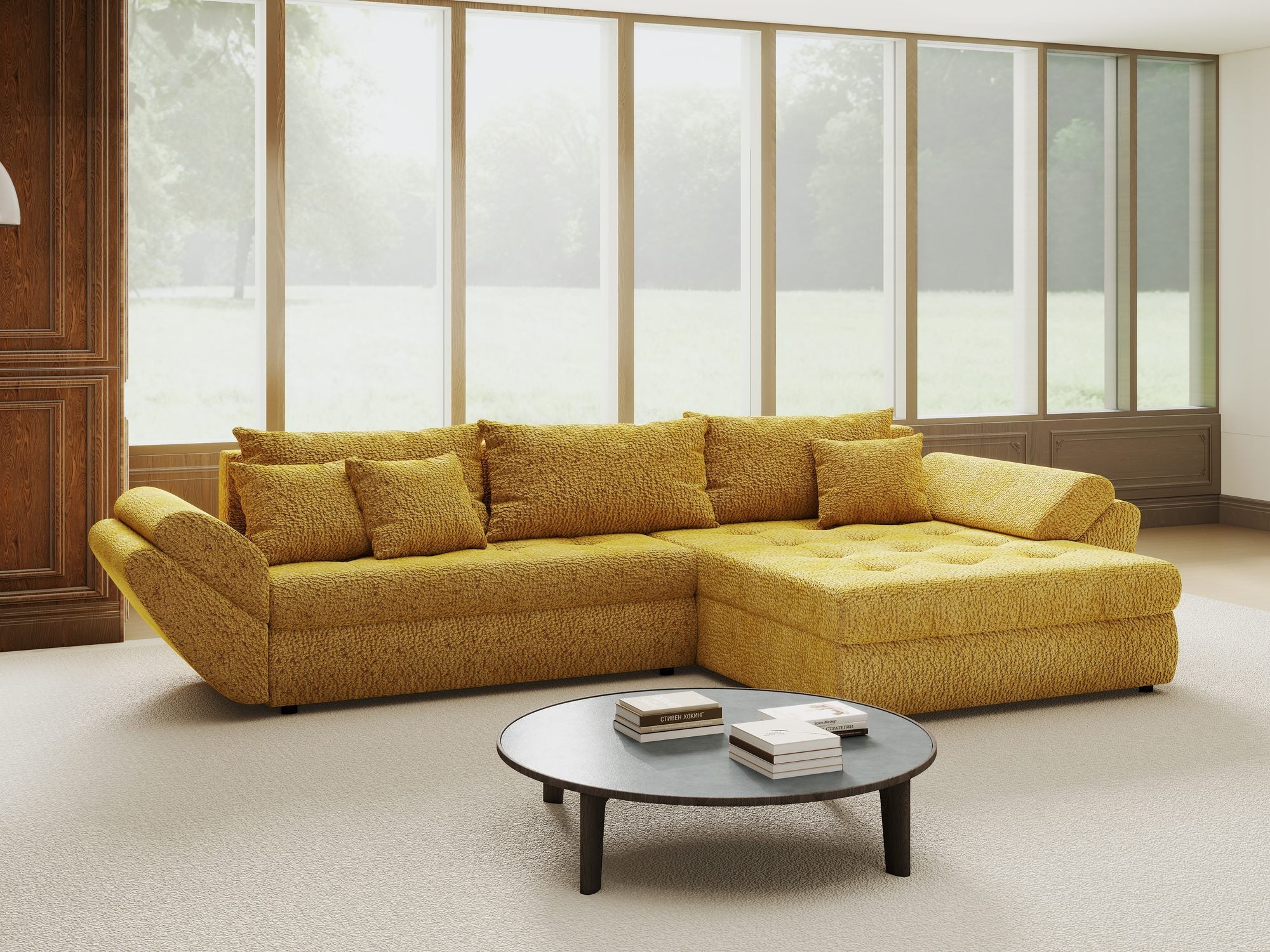 Colțar extensibil dumonde cu ladă de depozitare si sezut confortabil din spuma high-density, Loana Jaguar Galben mustar II 270x185 cm