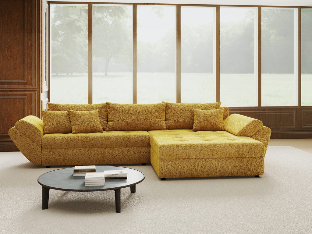 Colțar extensibil dumonde cu ladă de depozitare si sezut confortabil din spuma high-density, Loana Jaguar Galben mustar II 270x185 cm