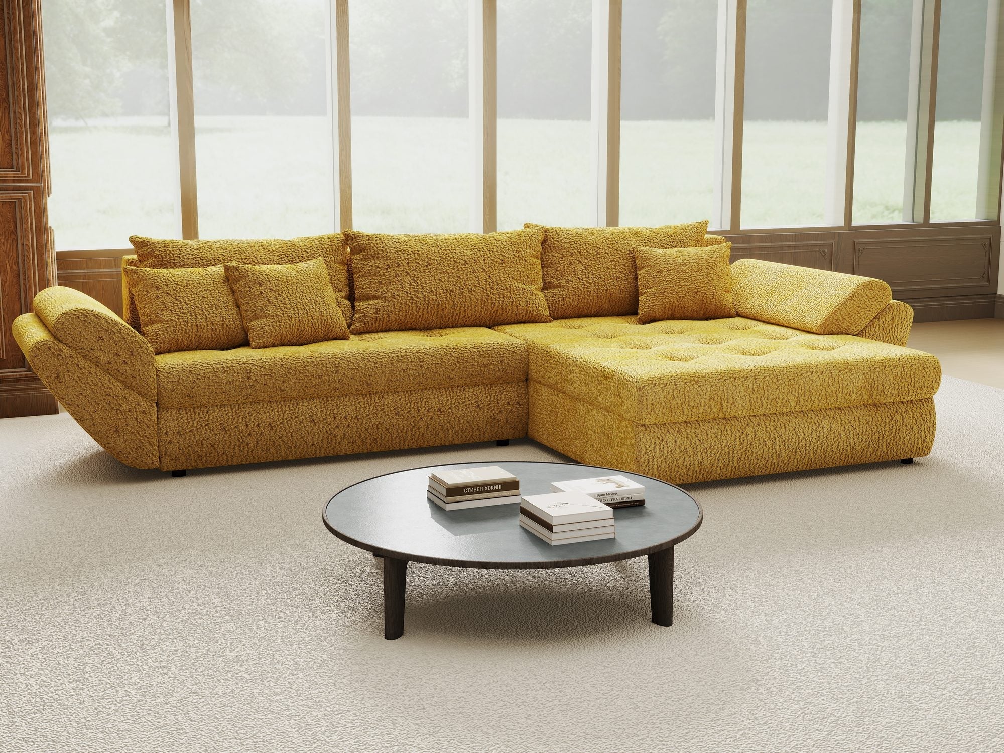 Colțar extensibil dumonde cu ladă de depozitare si sezut confortabil din spuma high-density, Loana Jaguar Galben mustar II 270x185 cm