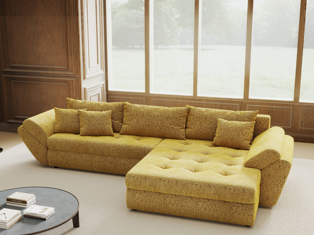 Colțar extensibil dumonde cu ladă de depozitare si sezut confortabil din spuma high-density, Loana Jaguar Galben mustar II 270x185 cm