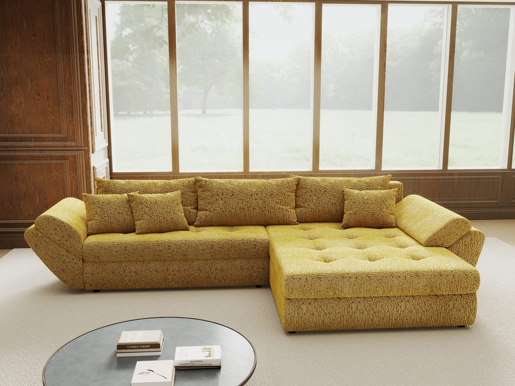 Colțar extensibil dumonde cu ladă de depozitare si sezut confortabil din spuma high-density, Loana Jaguar Galben mustar II 270x185 cm