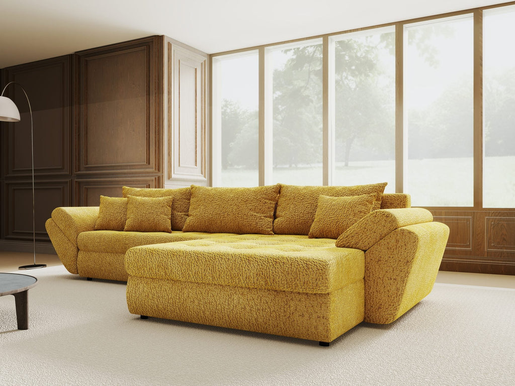 Colțar extensibil dumonde cu ladă de depozitare si sezut confortabil din spuma high-density, Loana Jaguar Galben mustar II 270x185 cm