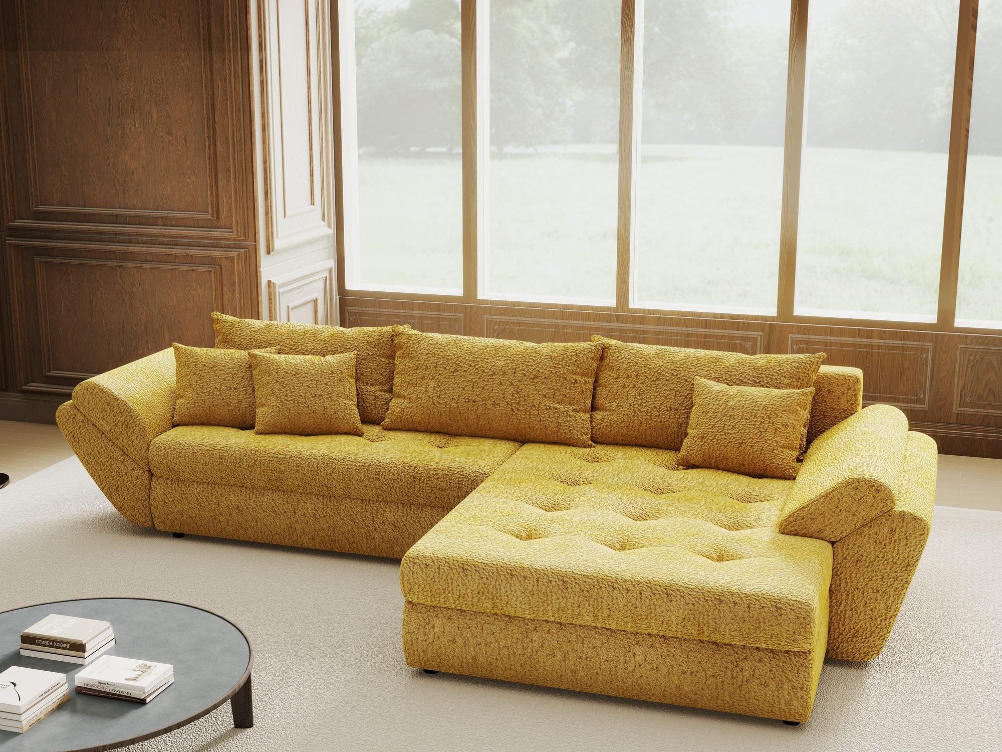 Colțar extensibil dumonde cu ladă de depozitare si sezut confortabil din spuma high-density, Loana Jaguar Galben mustar II 270x185 cm