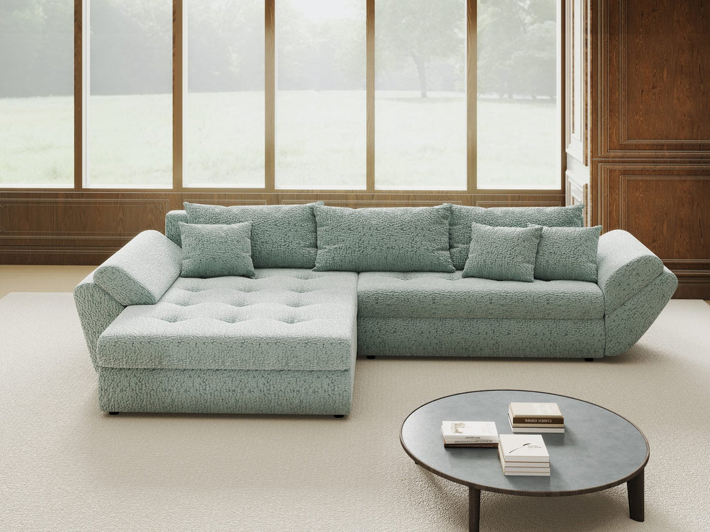 Colțar extensibil dumonde cu ladă de depozitare si sezut confortabil din spuma high-density, Loana Jaguar Verde mint 270x185 cm