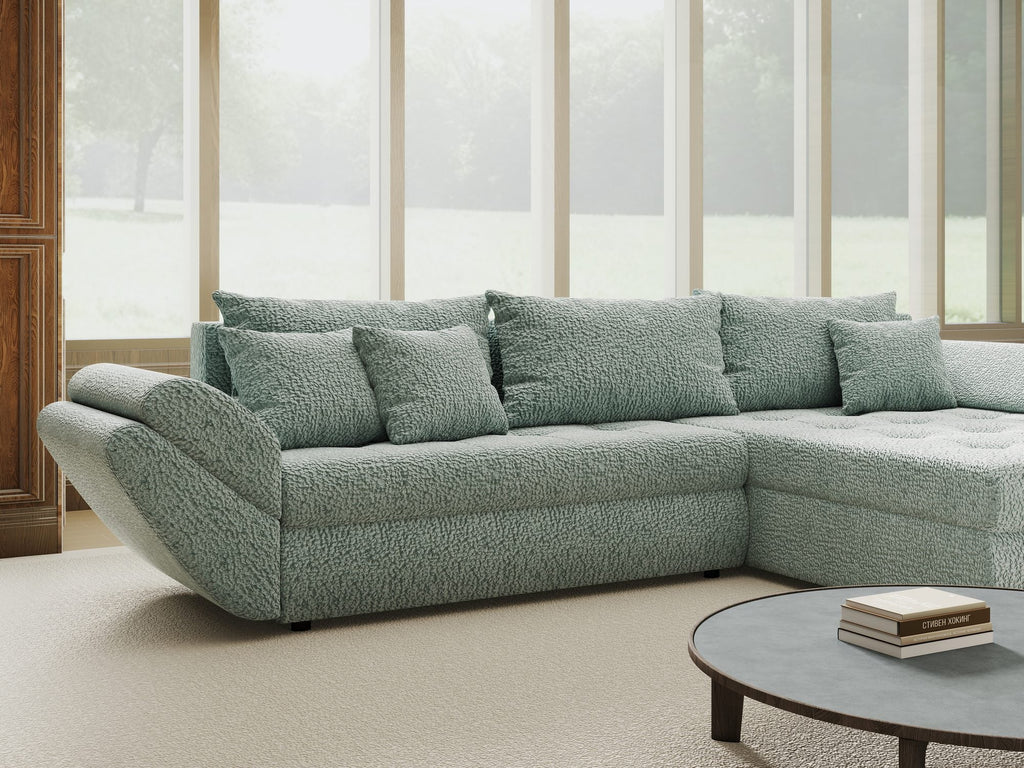 Colțar extensibil dumonde cu ladă de depozitare si sezut confortabil din spuma high-density, Loana Jaguar Verde mint II 270x185 cm