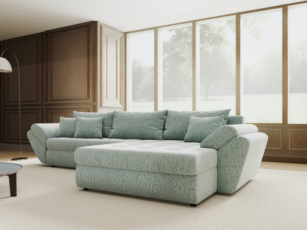 Colțar extensibil dumonde cu ladă de depozitare si sezut confortabil din spuma high-density, Loana Jaguar Verde mint II 270x185 cm