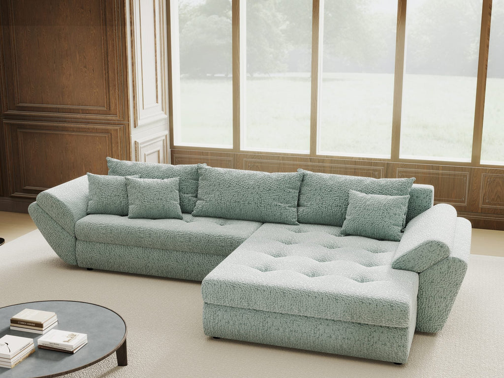 Colțar extensibil dumonde cu ladă de depozitare si sezut confortabil din spuma high-density, Loana Jaguar Verde mint II 270x185 cm