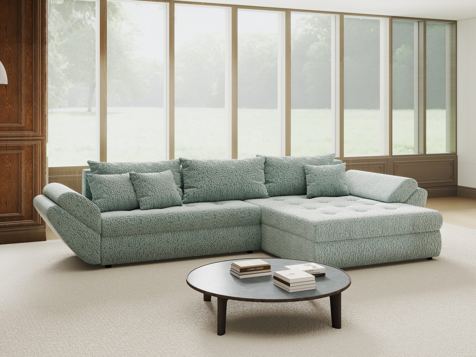 Colțar extensibil dumonde cu ladă de depozitare si sezut confortabil din spuma high-density, Loana Jaguar Verde mint II 270x185 cm