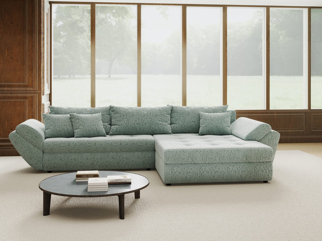 Colțar extensibil dumonde cu ladă de depozitare si sezut confortabil din spuma high-density, Loana Jaguar Verde mint II 270x185 cm