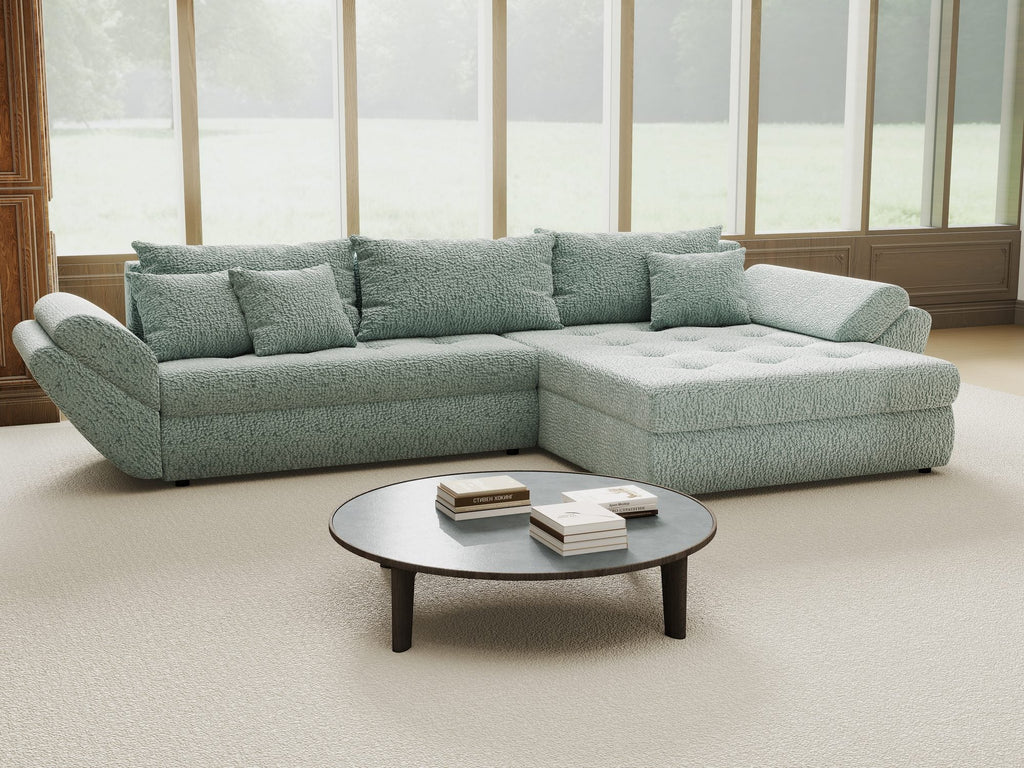 Colțar extensibil dumonde cu ladă de depozitare si sezut confortabil din spuma high-density, Loana Jaguar Verde mint II 270x185 cm