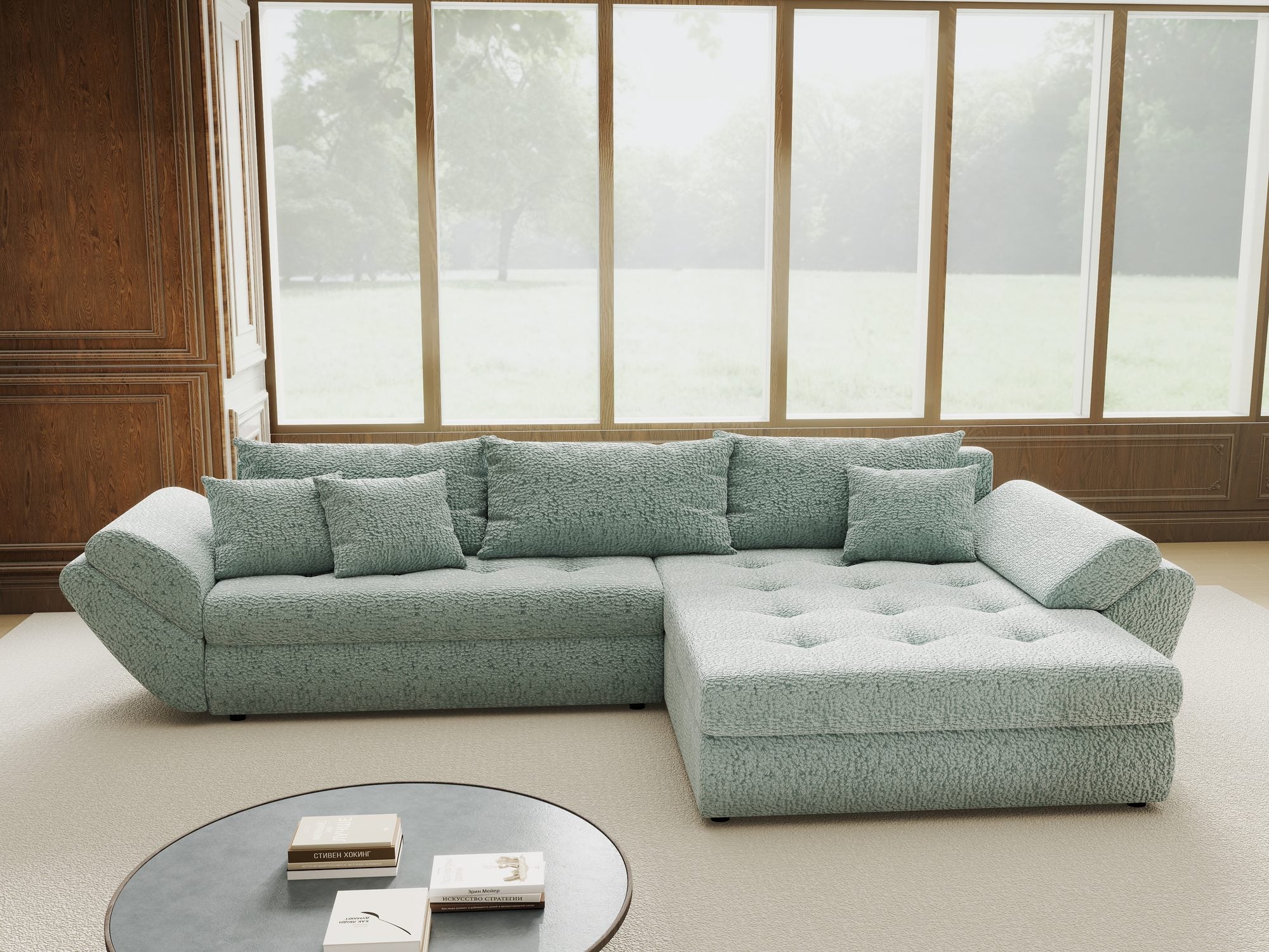 Colțar extensibil dumonde cu ladă de depozitare si sezut confortabil din spuma high-density, Loana Jaguar Verde mint II 270x185 cm