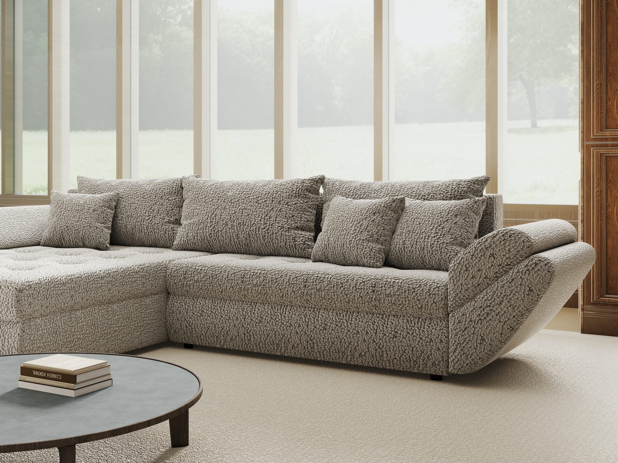 Colțar extensibil dumonde cu ladă de depozitare si sezut confortabil din spuma high-density, Loana Jaguar Gri 270x185 cm