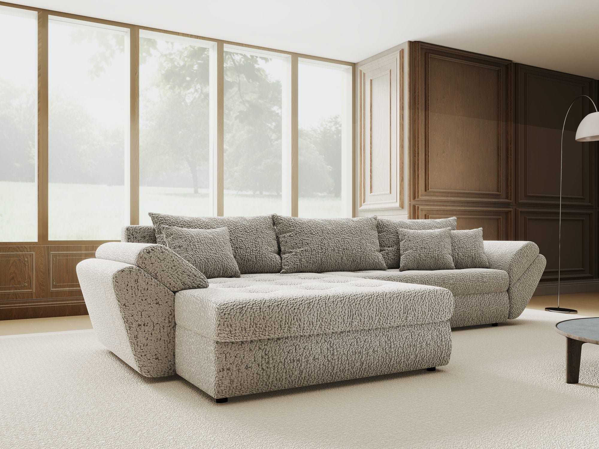 Colțar extensibil dumonde cu ladă de depozitare si sezut confortabil din spuma high-density, Loana Jaguar Gri 270x185 cm