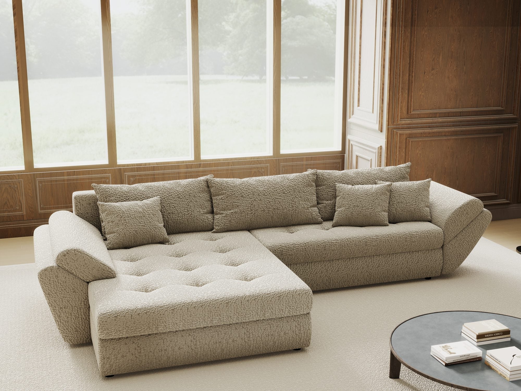 Colțar extensibil dumonde cu ladă de depozitare si sezut confortabil din spuma high-density, Loana Jaguar Bej 270x185 cm