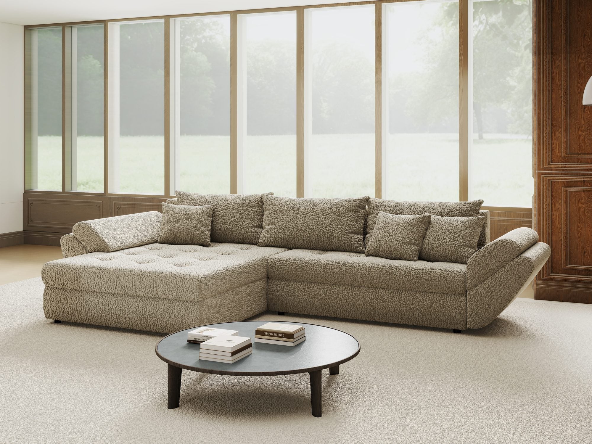 Colțar extensibil dumonde cu ladă de depozitare si sezut confortabil din spuma high-density, Loana Jaguar Bej 270x185 cm